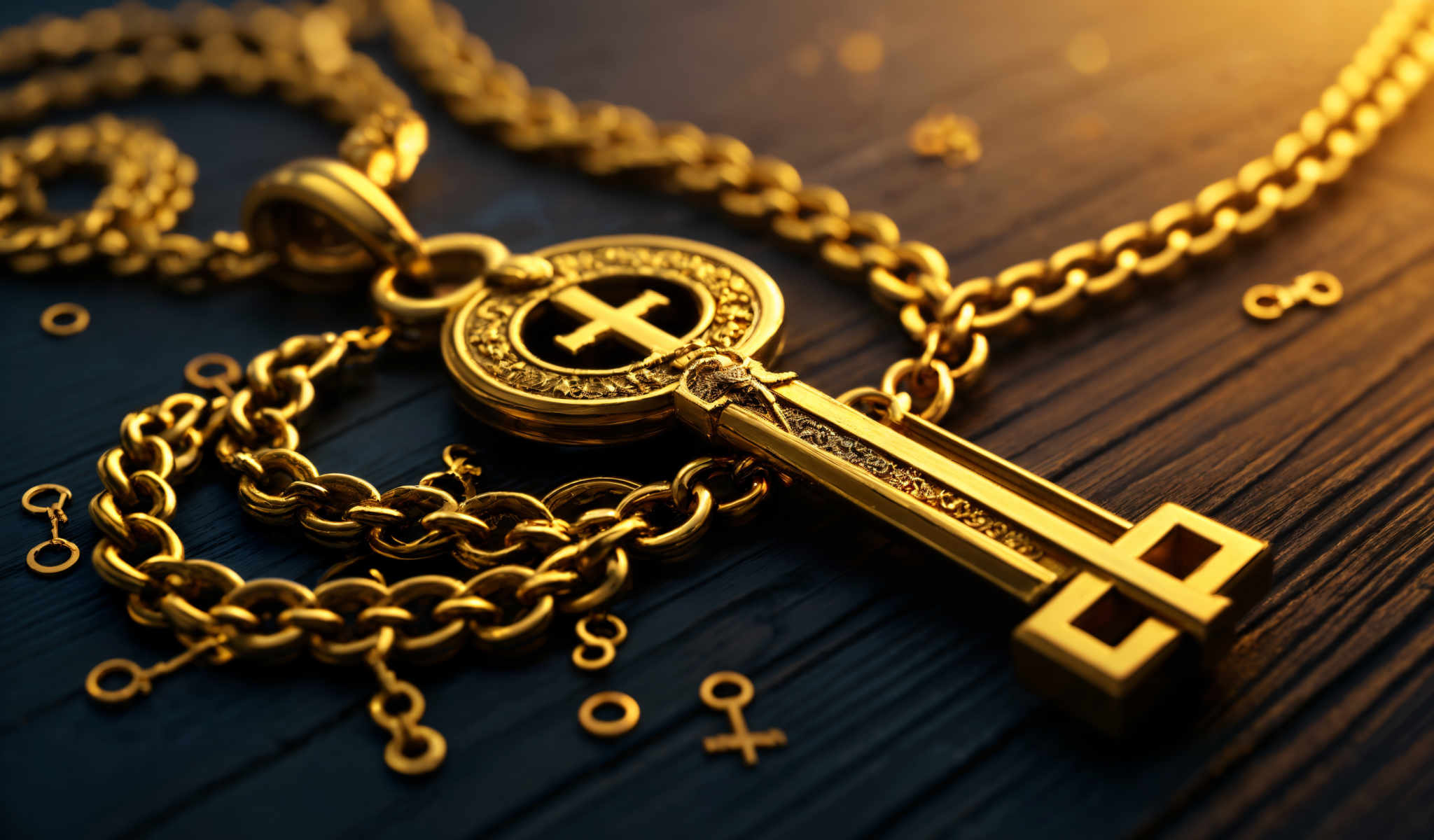 A gold chain with a cross pendant and a gold key.