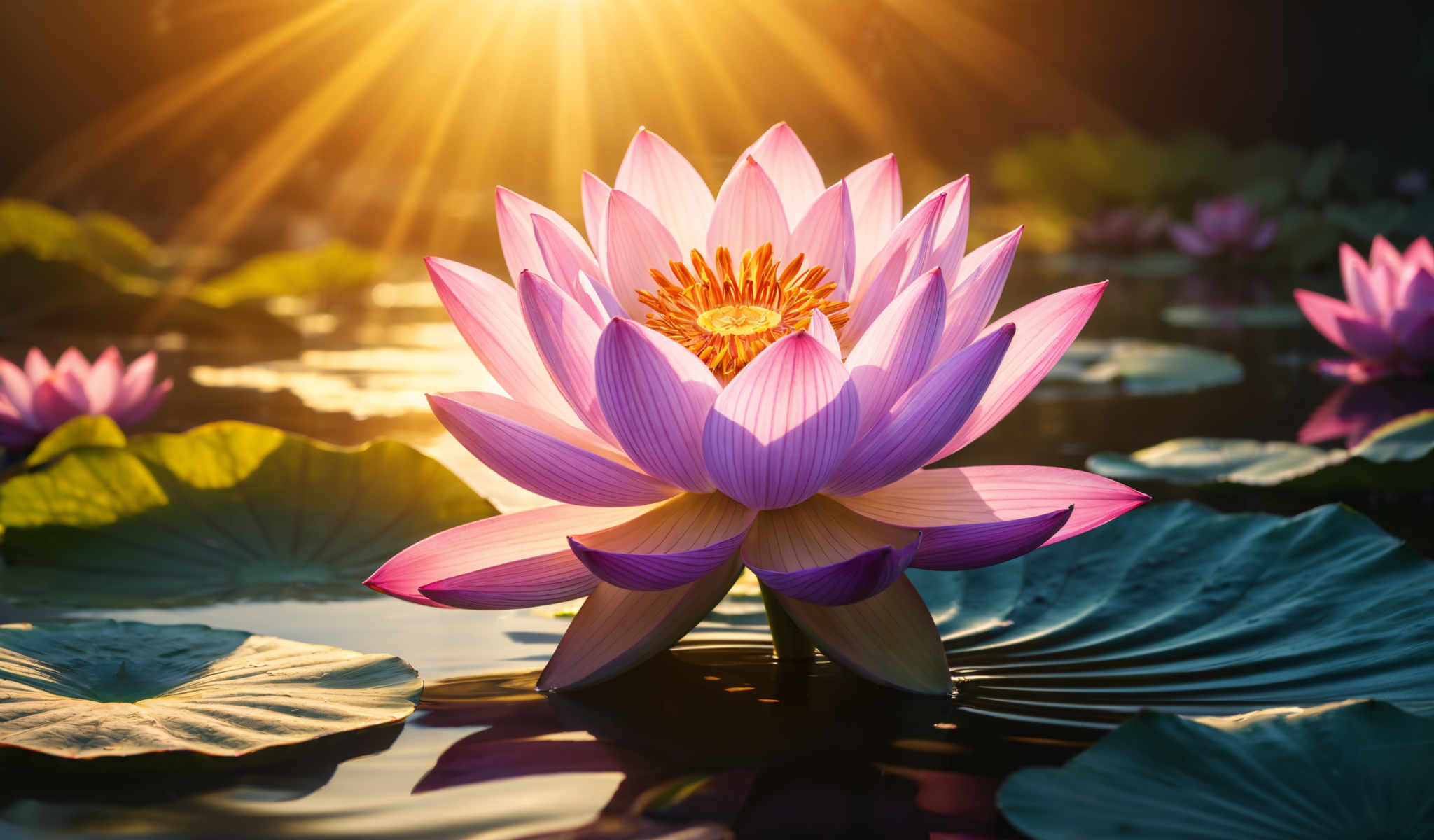 A beautiful pink and purple lotus flower with a yellow center.