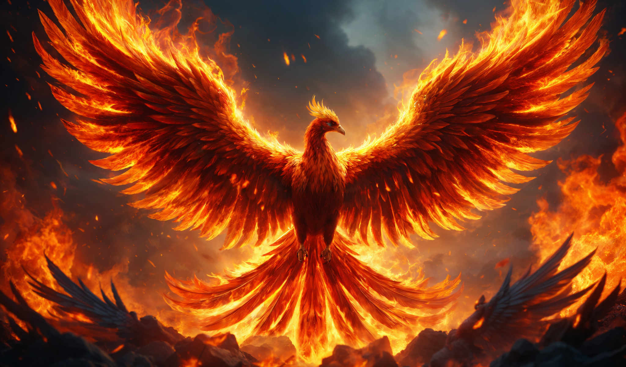 A fiery phoenix with a yellow head and orange wings stands on a rocky surface.