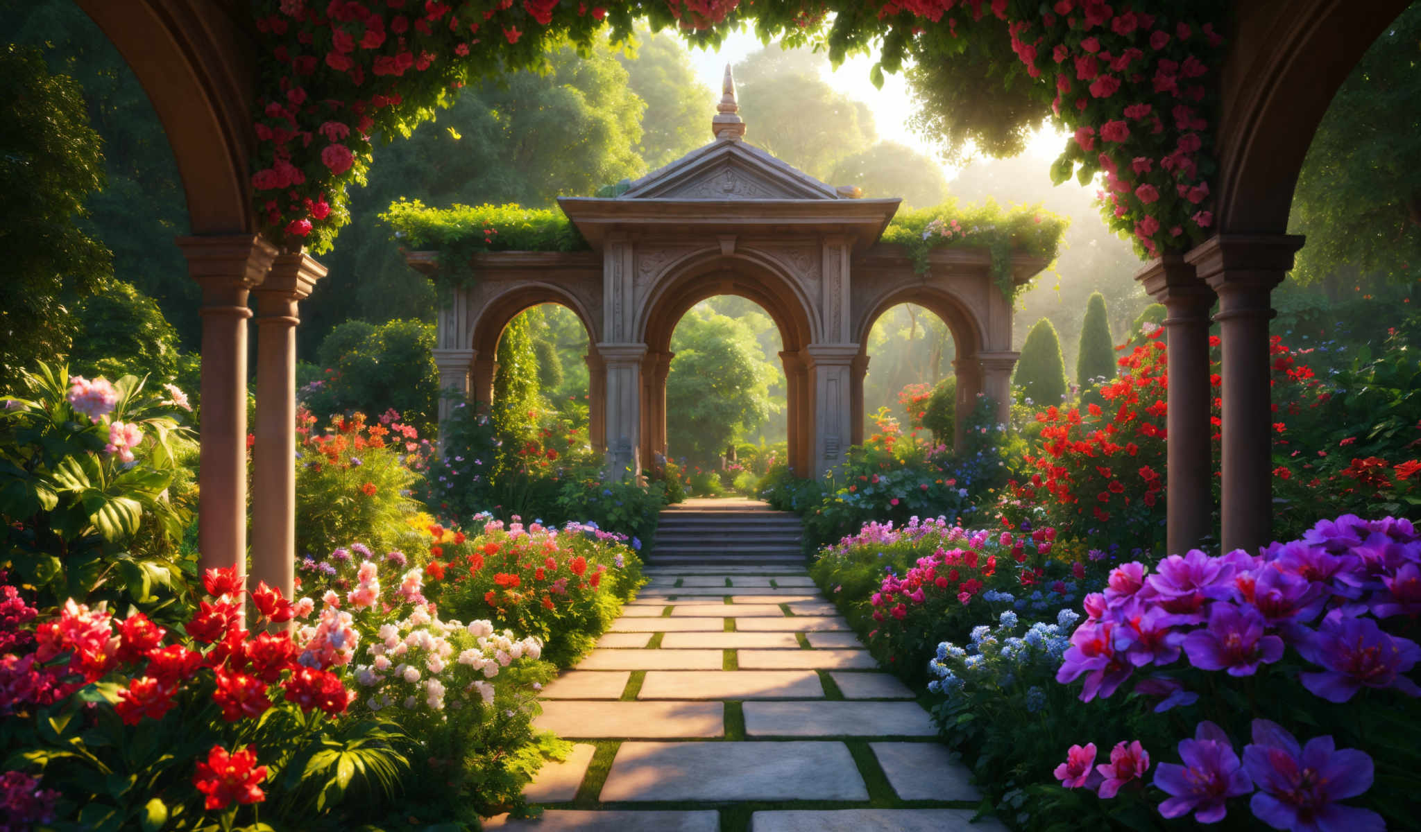 A beautiful garden with a stone archway and a path made of white stones. The archway is adorned with pink and red flowers. The garden is filled with a variety of colorful flowers and plants. The sky is visible in the background.