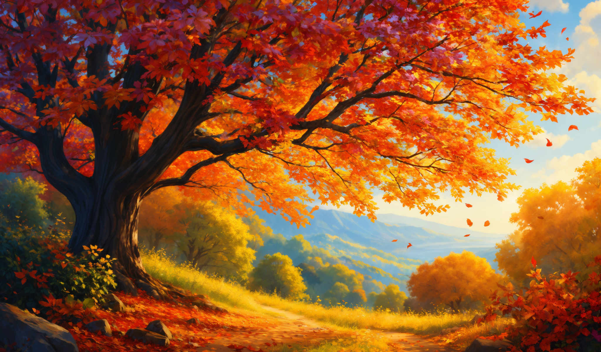 A beautiful autumn scene with a tree full of red leaves and a path leading to a mountain.