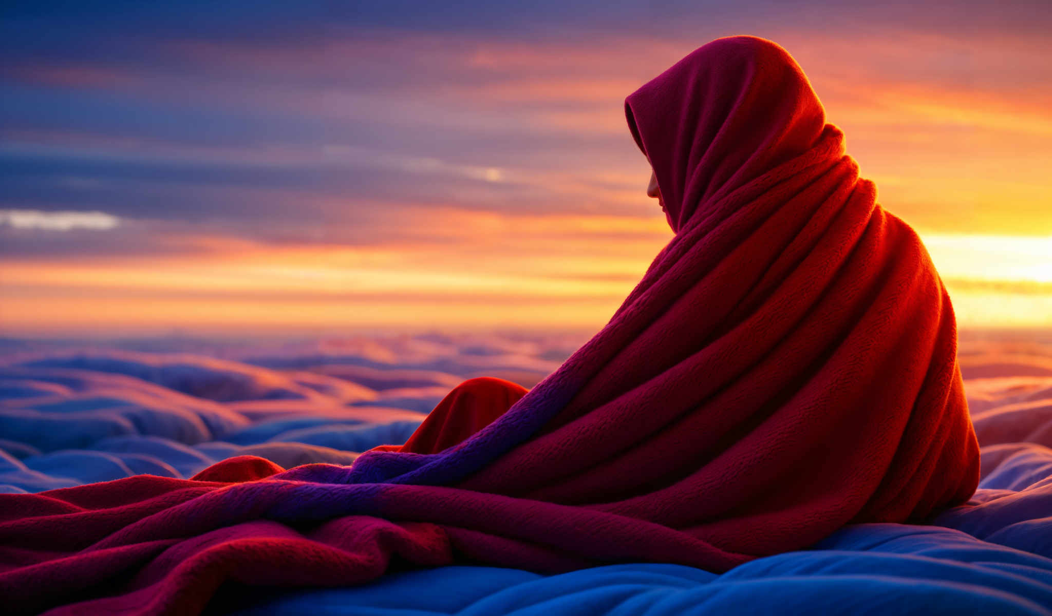 A woman in a red scarf sits on a bed with a blue blanket.