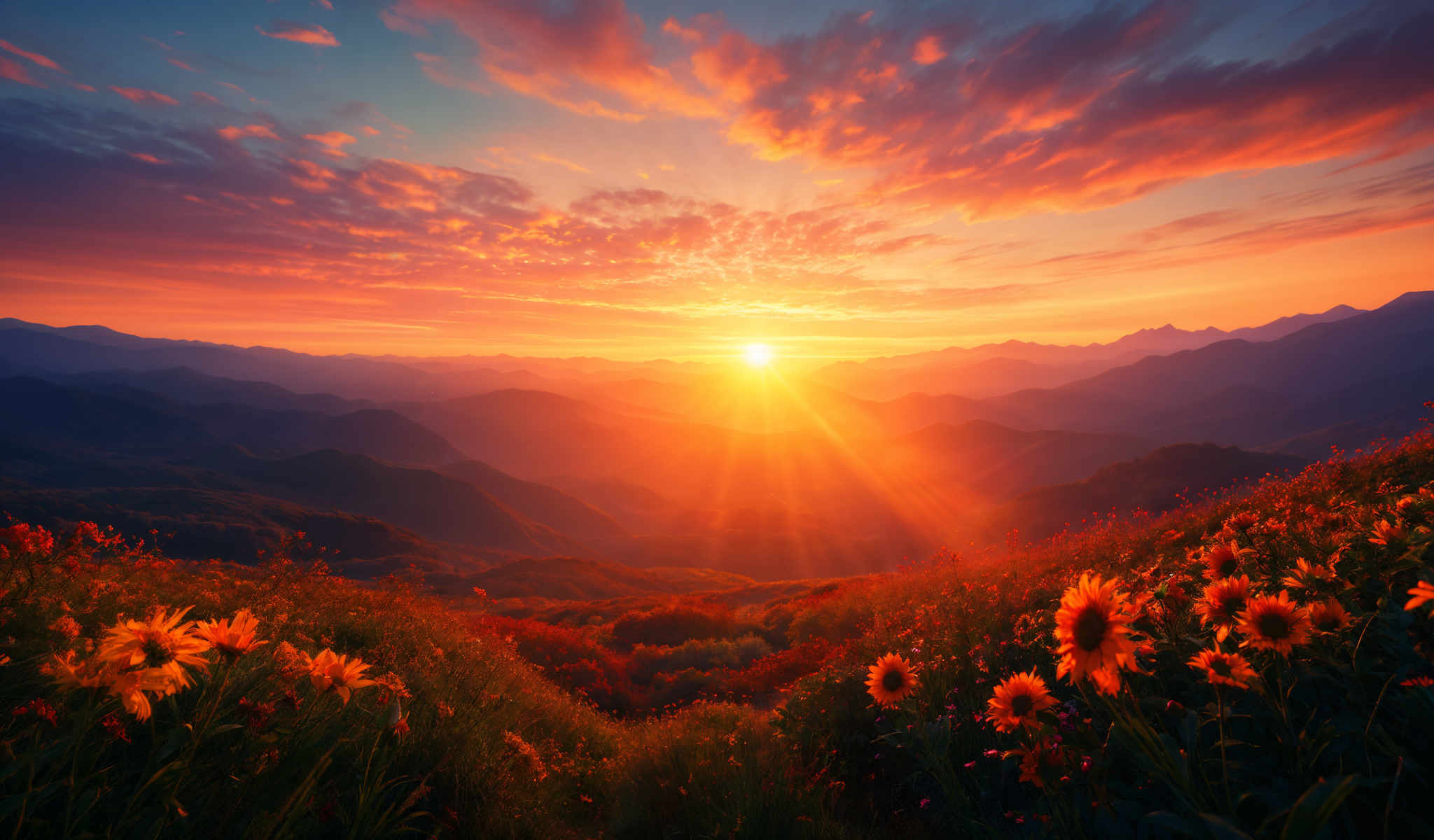 A beautiful sunset over a mountain range with a field of flowers in the foreground.