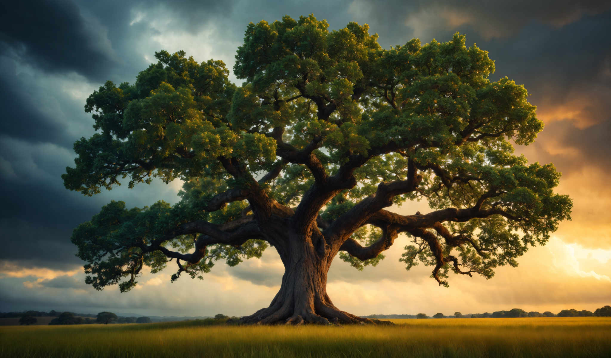 A large tree with a thick trunk and many branches. The tree is surrounded by a field of grass.