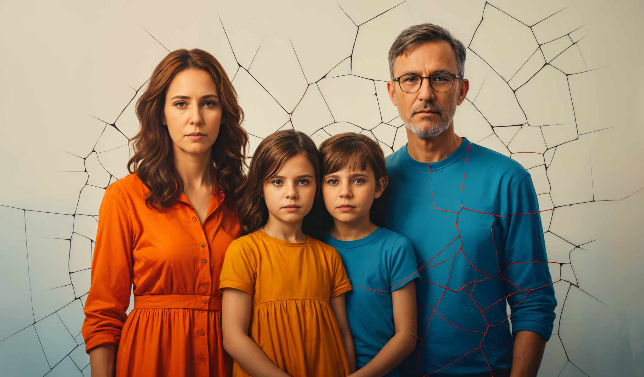 A family of four a man a woman and two children are standing in front of a white wall with a web-like pattern. The man is wearing a blue shirt the woman is wearing an orange dress and the children are wearing orange and blue shirts.