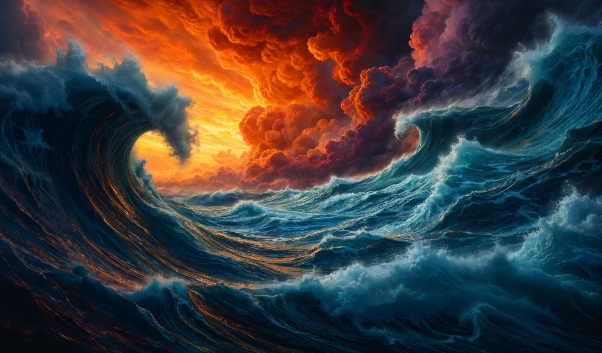 A painting of a stormy sea with a sunset in the background.