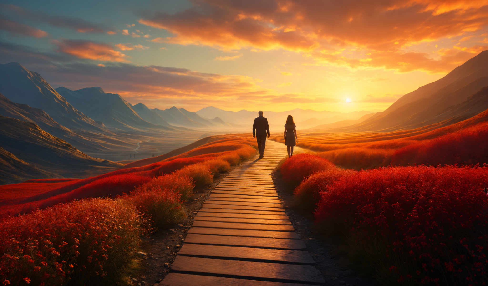 A man and a woman walking on a boardwalk with a sunset in the background.