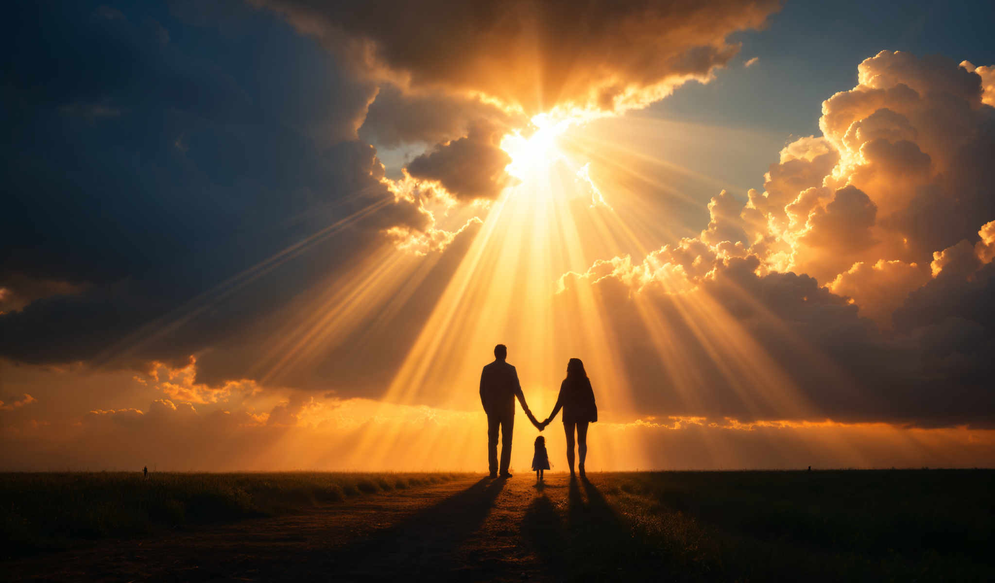 A man and a woman holding hands in front of a bright sun.