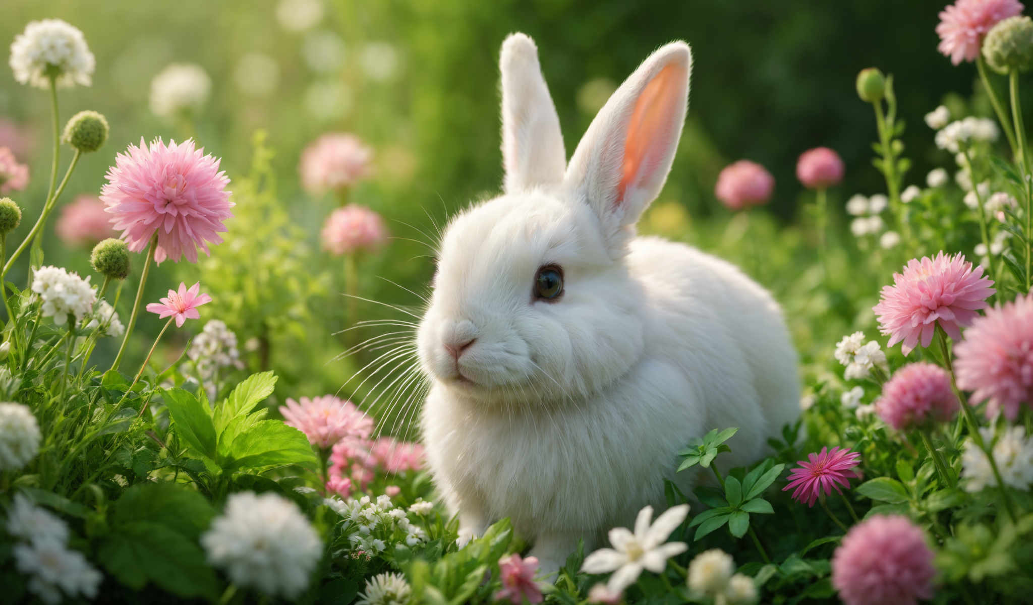 A white rabbit is sitting in a field of flowers.