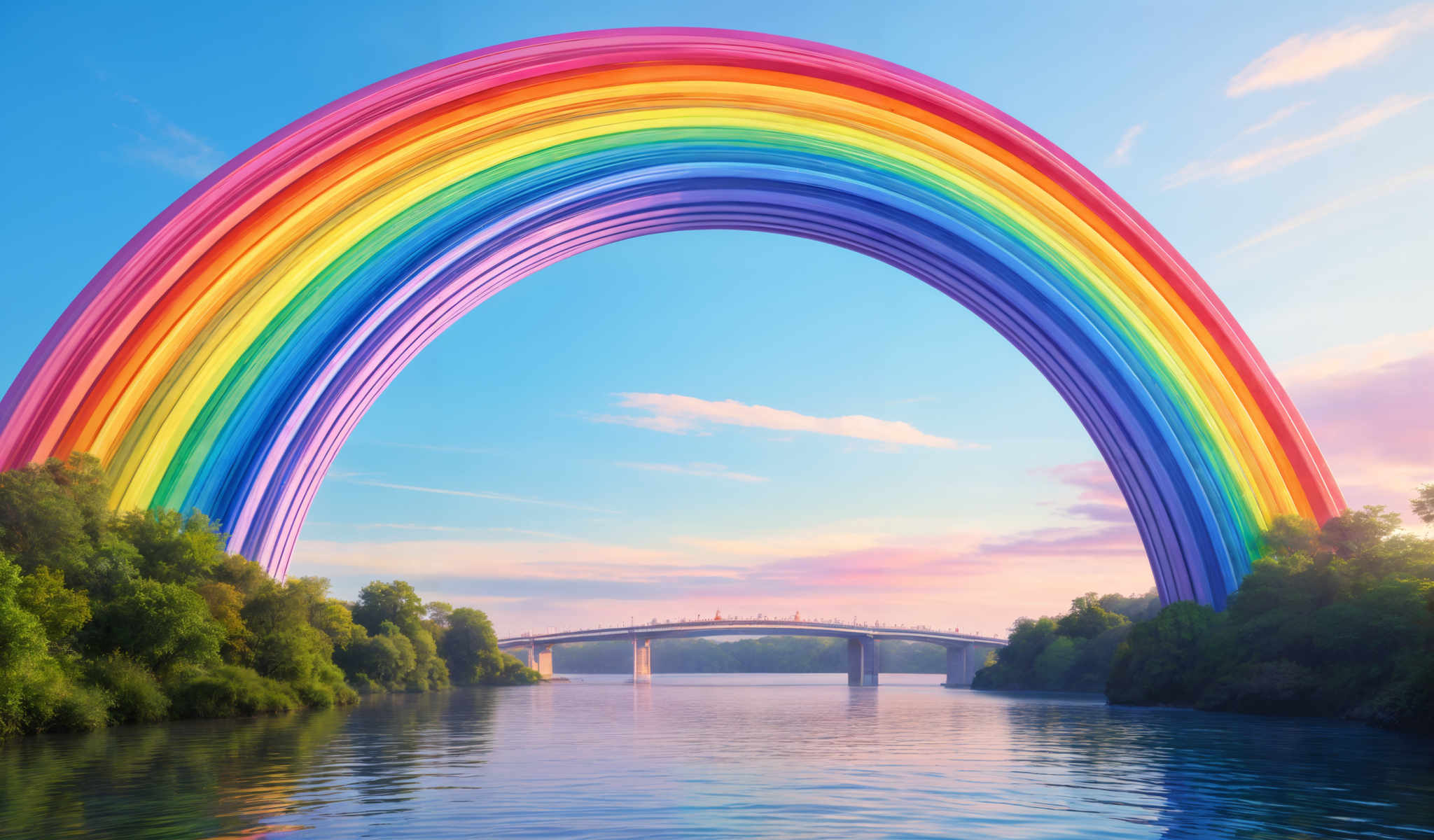 A rainbow arches over a bridge that spans a river. The bridge is made of concrete and has a metal railing. The river below is calm and serene. On the other side of the river there is a forest filled with trees and bushes. The sky above is a clear blue with a few clouds scattered across it. The rainbow is vibrant and colorful adding a touch of magic to the scene. The image captures a peaceful and beautiful moment in nature.