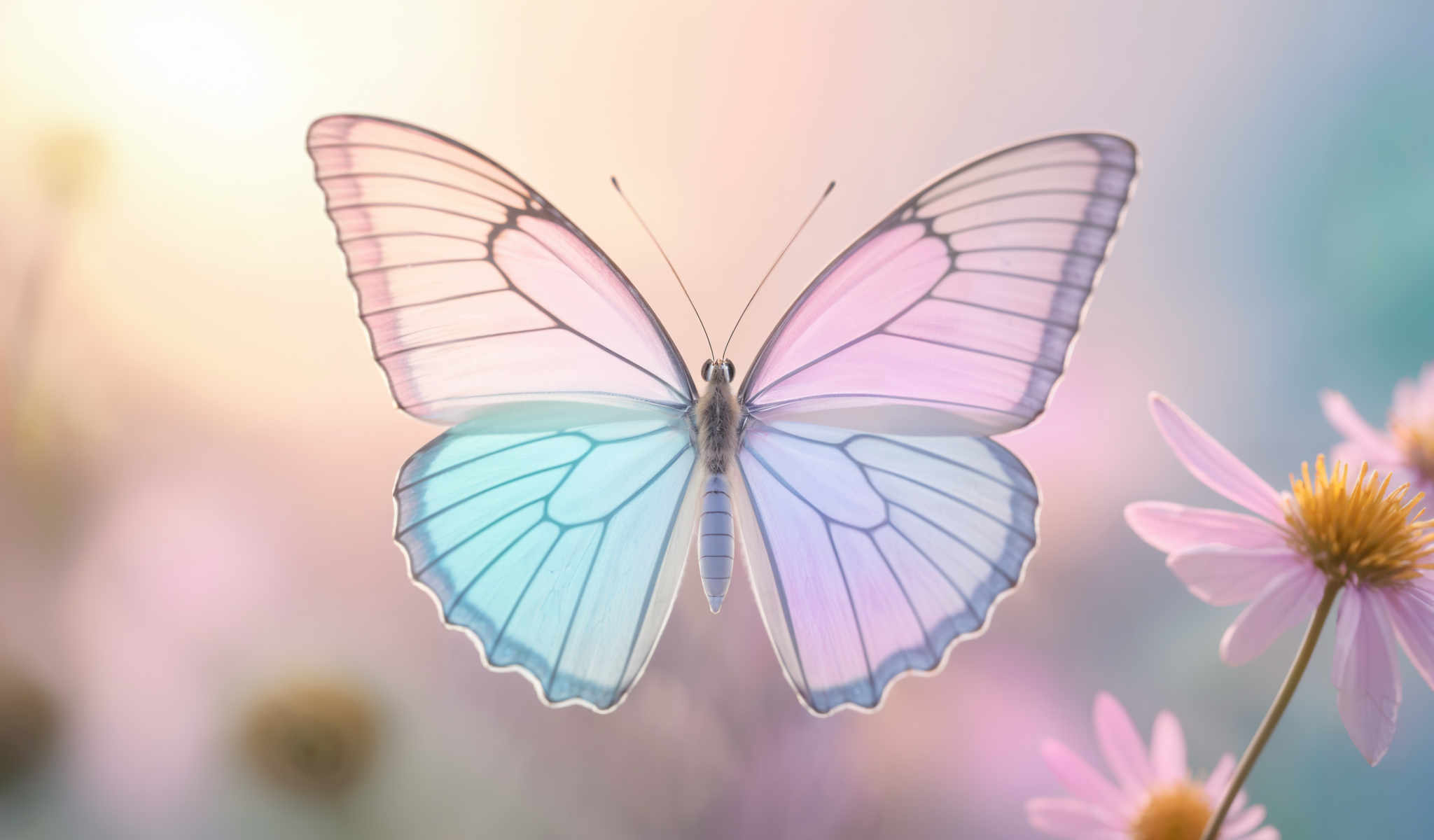 A butterfly with a blue and pink winged body and a white and gray winged underbelly.