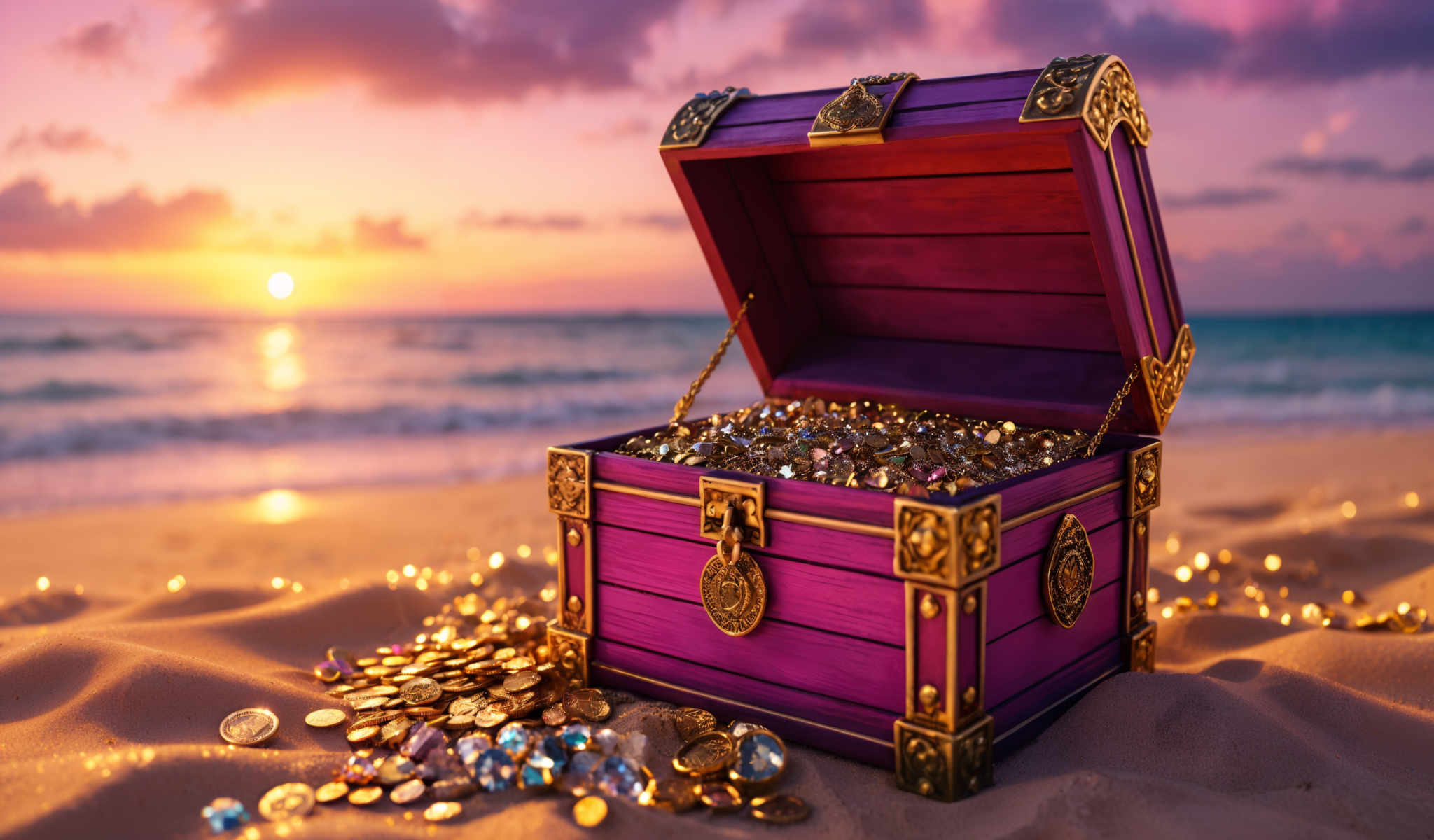 A purple and gold chest filled with gold coins on a beach.