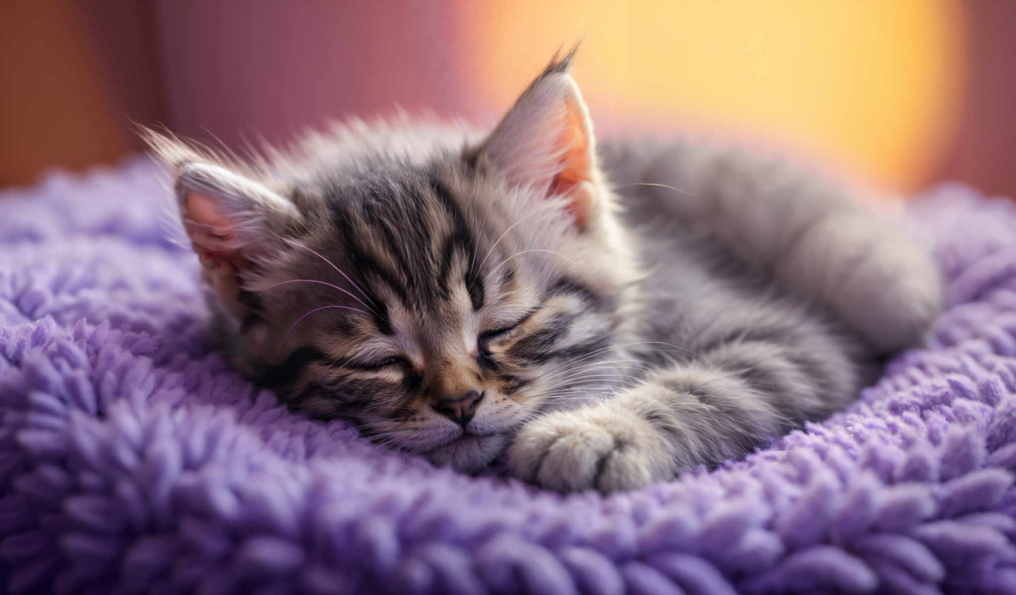 A small kitten is sleeping on a purple blanket. The kitten is gray and white with black stripes. It has its eyes closed and is curled up in a ball. The blanket is soft and fluffy providing a comfortable spot for the kitten to sleep. The background is a pink wall with a yellow stripe adding a warm and cozy atmosphere to the scene. The image captures a peaceful moment of a kitten's nap evoking feelings of warmth and comfort.