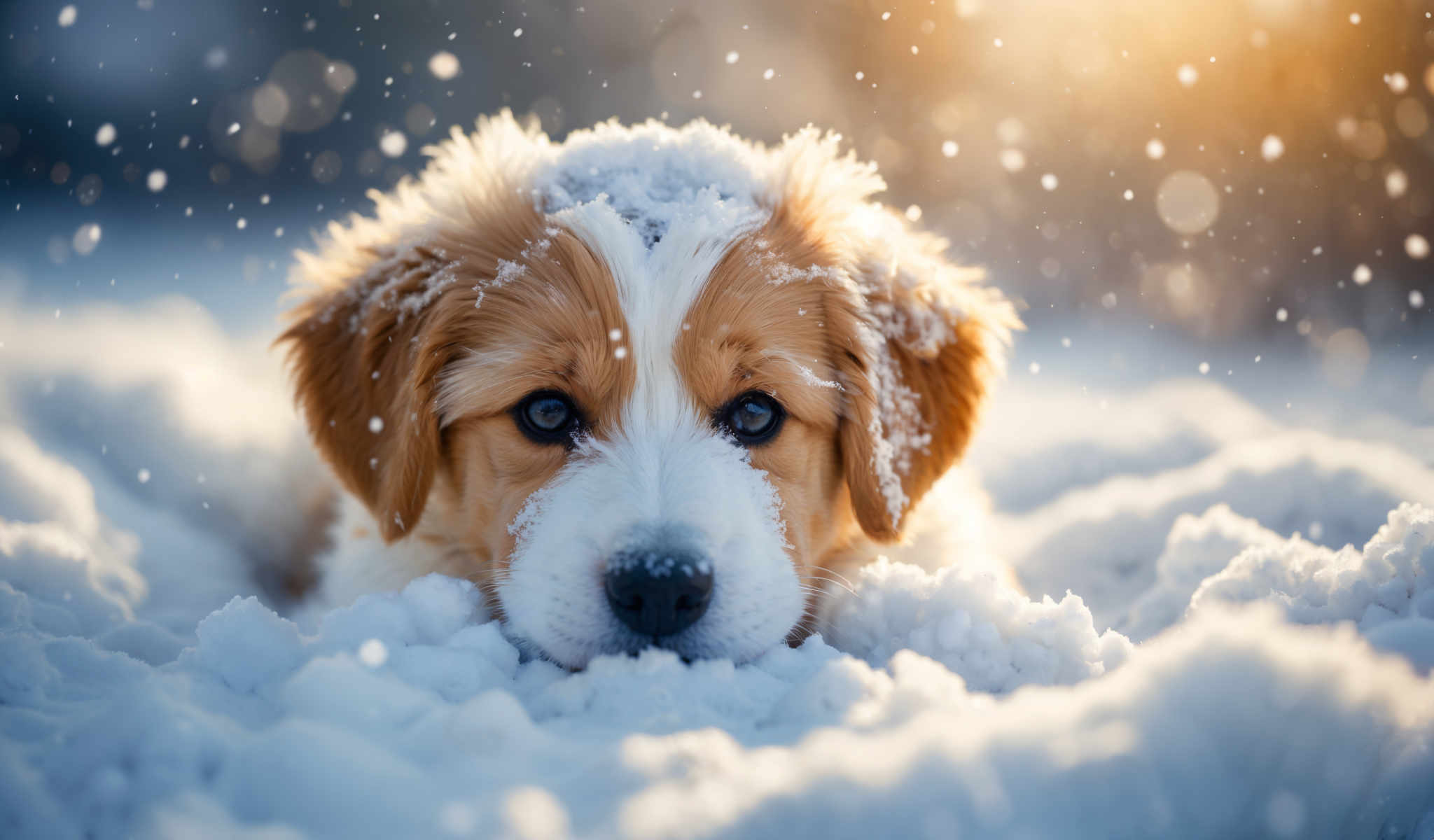 A brown and white dog with snow on its head and ears.