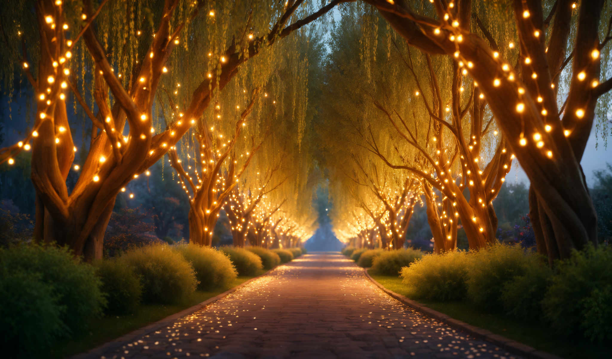 A long path is lined with trees that are illuminated by yellow lights. The path is paved with bricks and is surrounded by bushes. The trees are evenly spaced and the lights are evenly distributed creating a beautiful and serene atmosphere. The image captures the essence of a peaceful evening in a park with the warm glow of the lights reflecting off the brick path. The scene is tranquil and inviting with a sense of calm and tranquility. The colors in the image are warm and inviting. The yellow lights stand out against the darker background creating contrast and depth. The brick path and the bushes add texture and detail to the image making it visually appealing. The overall composition of the photo is balanced and harmonious with each element complementing the others. The photo is a beautiful representation of a serene park at night with its warm lights and peaceful atmosphere.