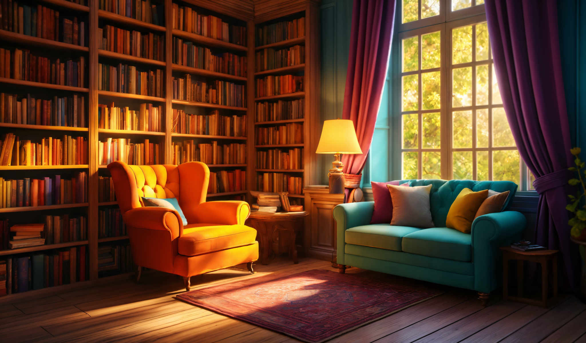 A cozy living room with a blue sofa two orange chairs and a wooden coffee table. The room is filled with a variety of books on the bookshelves.