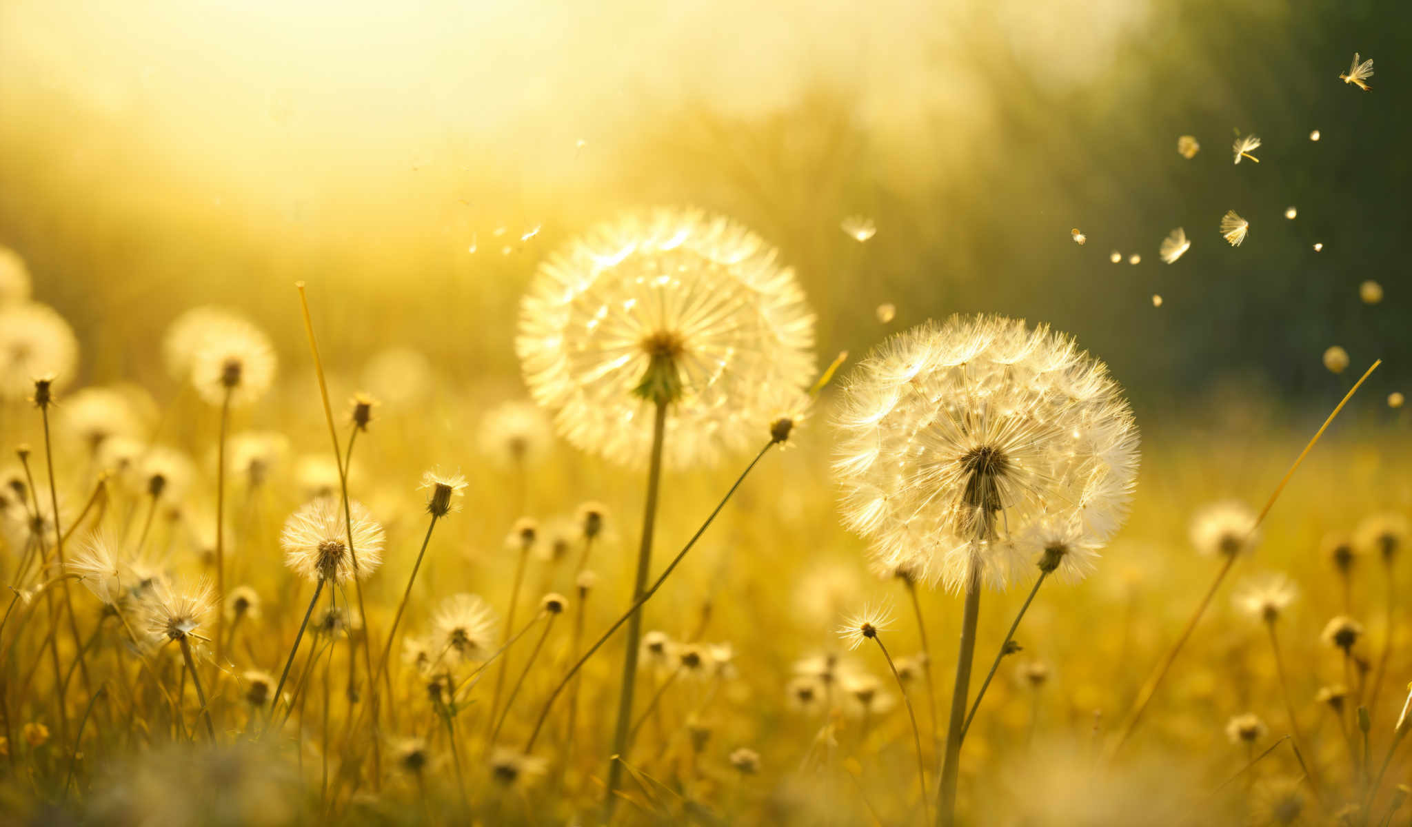 The image captures a serene scene of a field of dandelions. The dandelion heads which are the main focus of the photo are a bright yellow color and are in sharp focus. They are surrounded by green stems and leaves which provide a nice contrast to the yellow of the dandelioins. The background is blurred giving the impression of a grassy field or meadow. The lighting in the photo is diffused creating a soft and warm atmosphere. The photo appears to have been taken during the day. The overall composition of the photograph suggests a peaceful and natural setting.