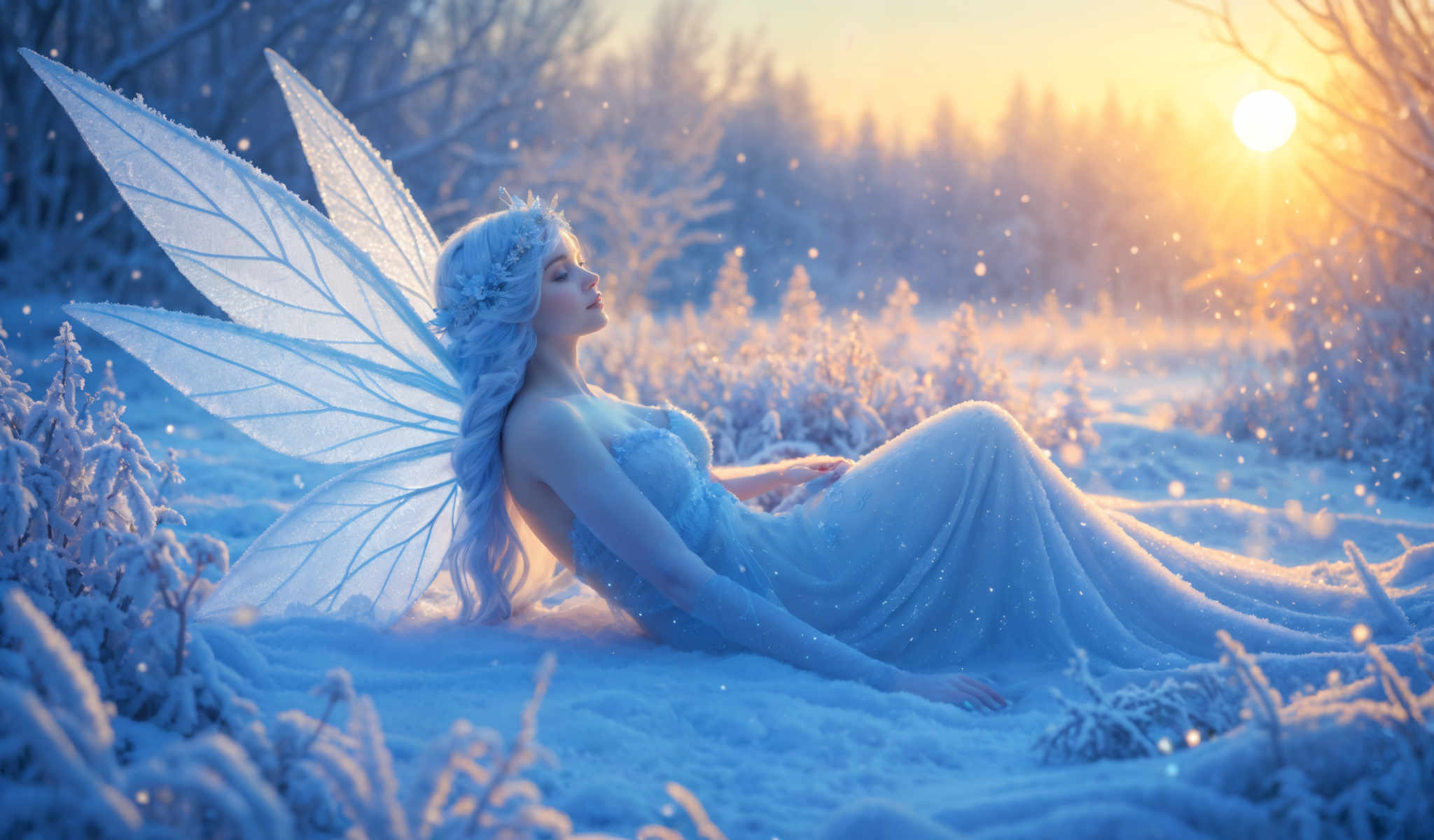 A woman with blue hair and a blue dress is sitting in the snow.