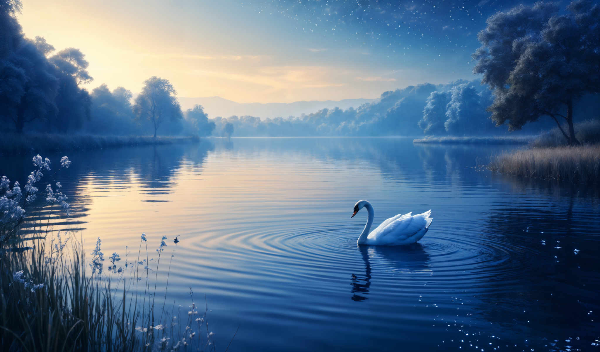 A white swan is swimming in a blue lake.