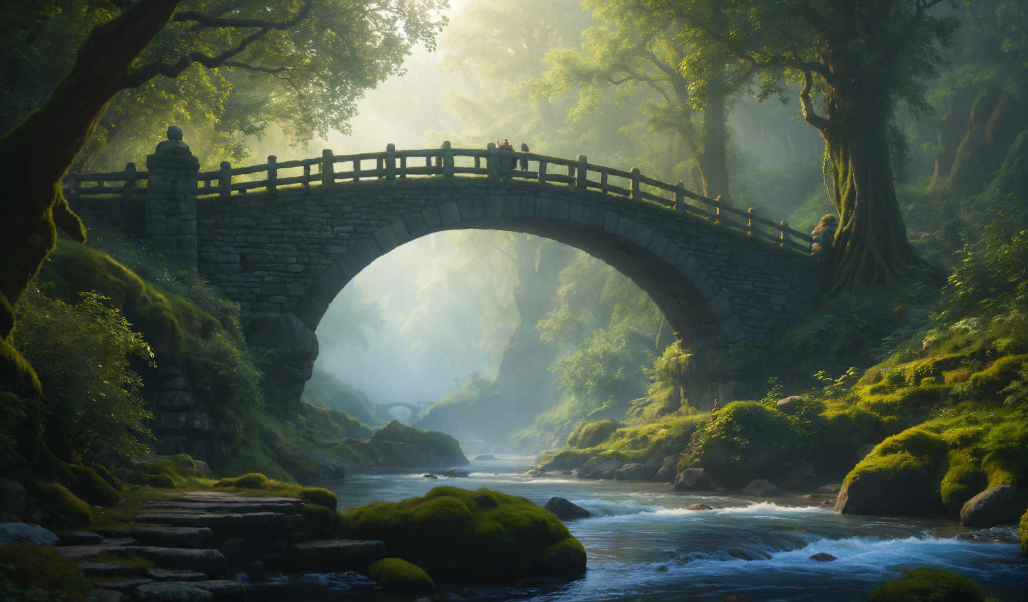 A serene scene of a stone bridge crossing over a river. The bridge made of stone is adorned with a wooden railing and is held up by two sturdy pillars. The river beneath flows with a light blue hue reflecting the surrounding greenery. The water is disturbed by rocks and boulders scattered along the river's edge. 

On the other side of the river a lush forest of green trees and bushes stretches out providing a tranquil backdrop. The sky above is a light gray color with a foggy haze adding a touch of mystery to the scene. 

In the distance two figures can be seen standing on the bridge. They appear to be gazing at the river below perhaps lost in thought or simply enjoying the peaceful surroundings. Their presence adds a touch humanity to this otherwise natural landscape. 

Overall this image captures a moment of calm and reflection as nature and man-made structures coexist harmoniously.