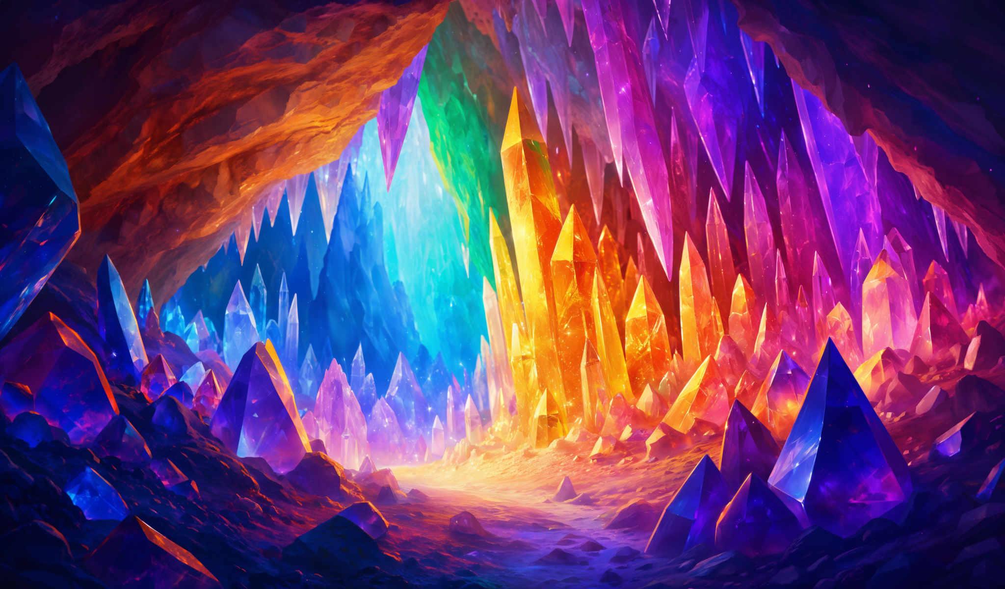 A digital painting of a mountain range with a rainbow of colors.