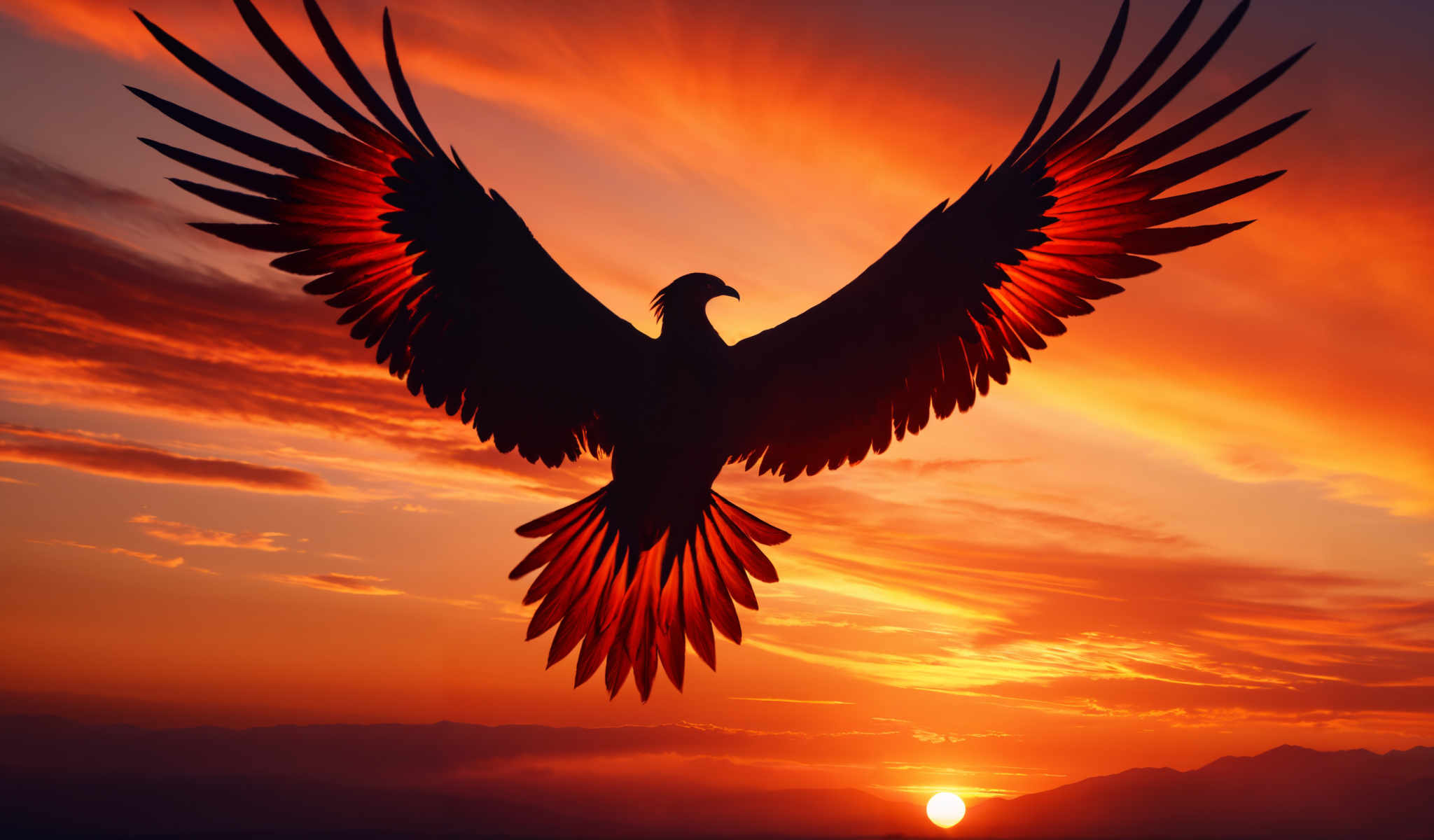 A majestic eagle with its wings spread wide soaring through the sky at sunset. The eagle is silhouetted against the backdrop of a stunning sunset with the sun setting behind a mountain range. The sky is painted in shades of orange and red creating a dramatic contrast with the eagle's silhouette. The image captures the beauty and majesty of nature as well as the grace and power of the eagle in flight.