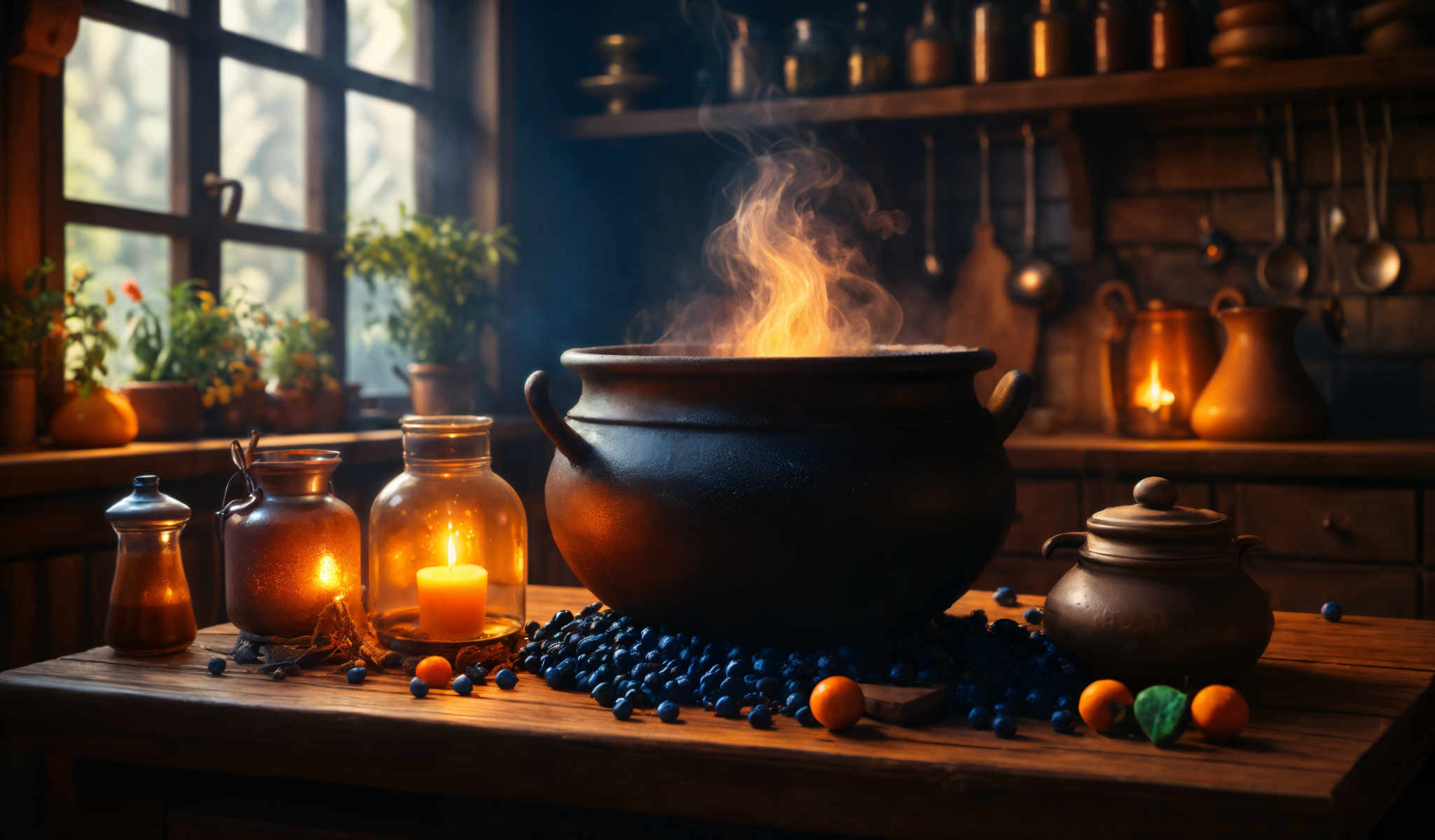 A black pot with a fire burning inside it is the main focus of the scene. The pot is placed on a wooden table which is adorned with blueberries and oranges. Surrounding the pot are three small glass jars each containing a single candle. The background features a window and a shelf filled with various objects. The overall scene suggests a cozy and warm atmosphere.