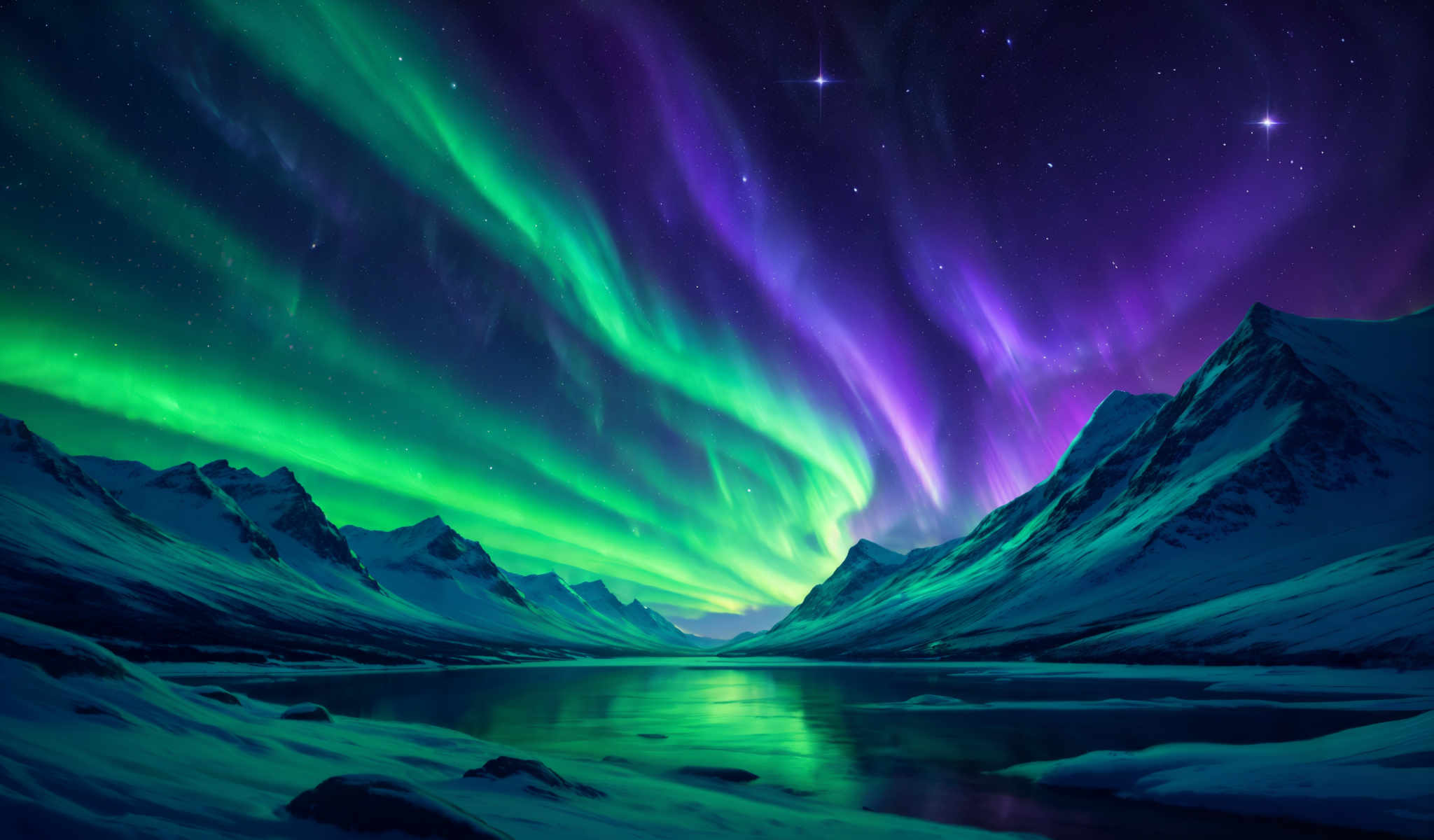 A breathtaking view of a mountain range with a lake in the foreground. The mountains are bathed in the glow of the Aurora Borealis creating a stunning display of green and purple lights. The sky above is a deep blue dotted with stars. The lake below mirrors the spectacle its surface reflecting the vibrant colors of the sky and mountains. The image captures the serene beauty of nature with the mountains lake and sky each contributing to the overall scene. The colors objects and their arrangement create a harmonious composition that is both visually striking and calming.