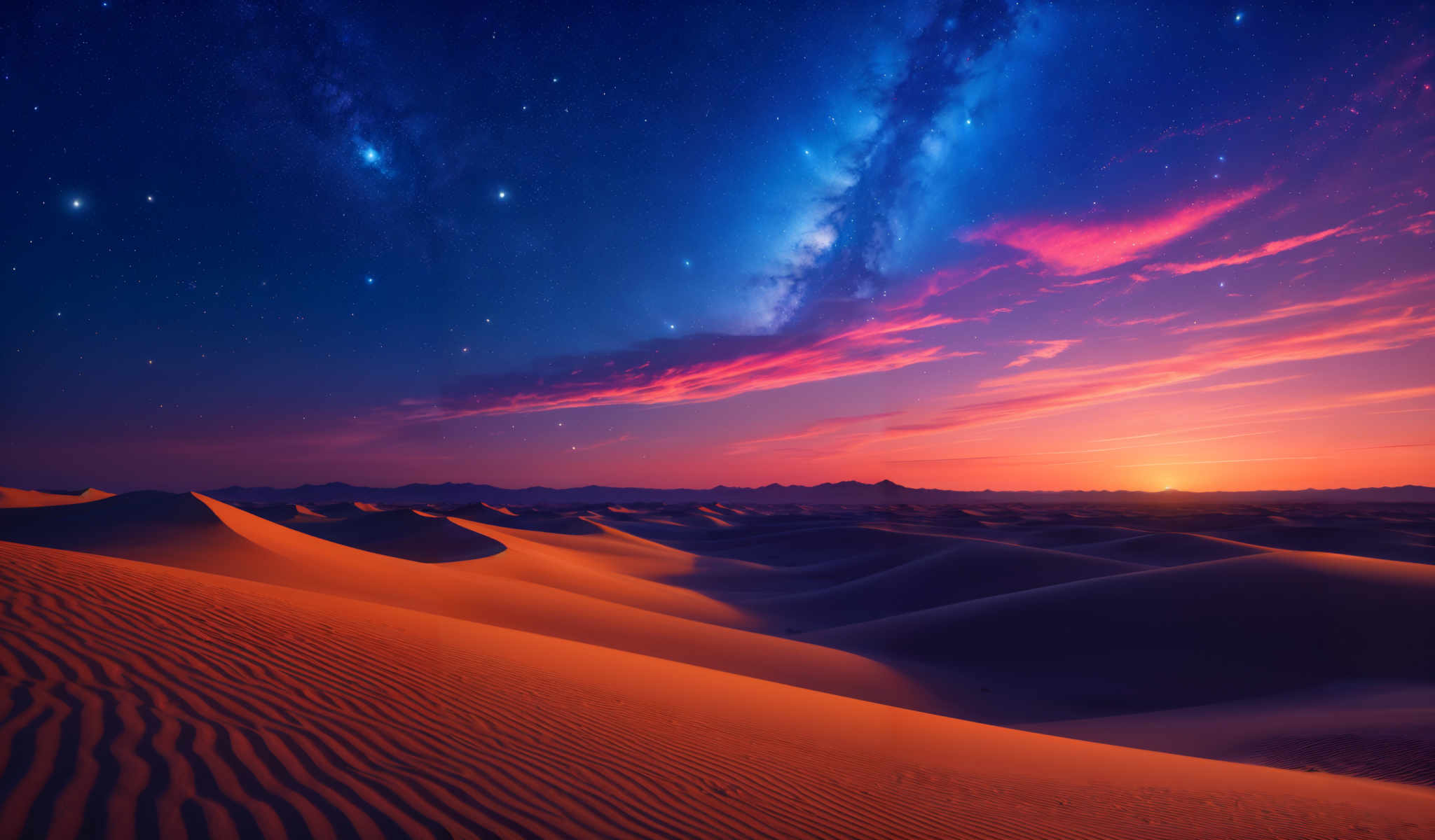 A desert landscape with a sky full of stars and a beautiful sunset.