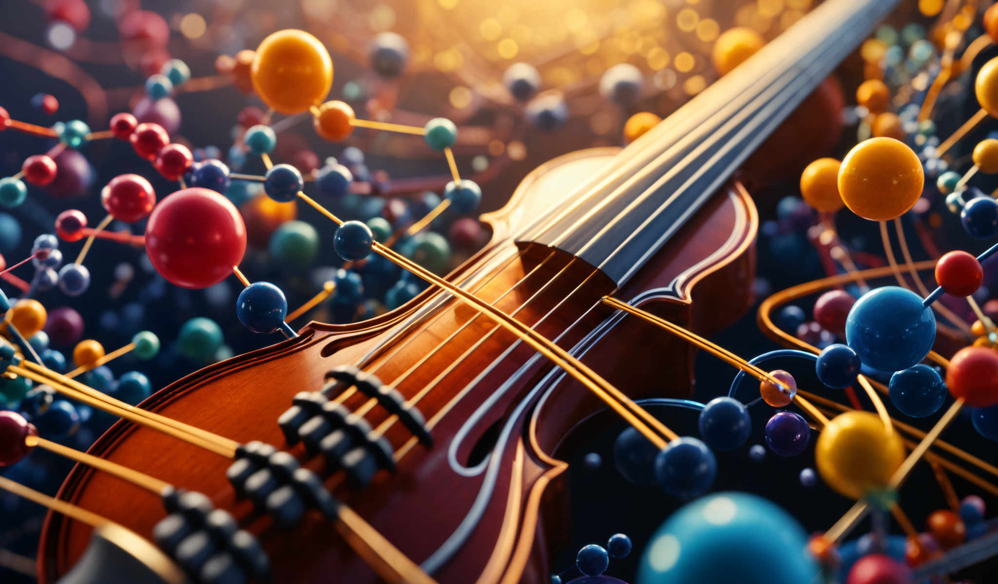 A close up of a violin with a bow and strings. The violin is surrounded by colorful balls.