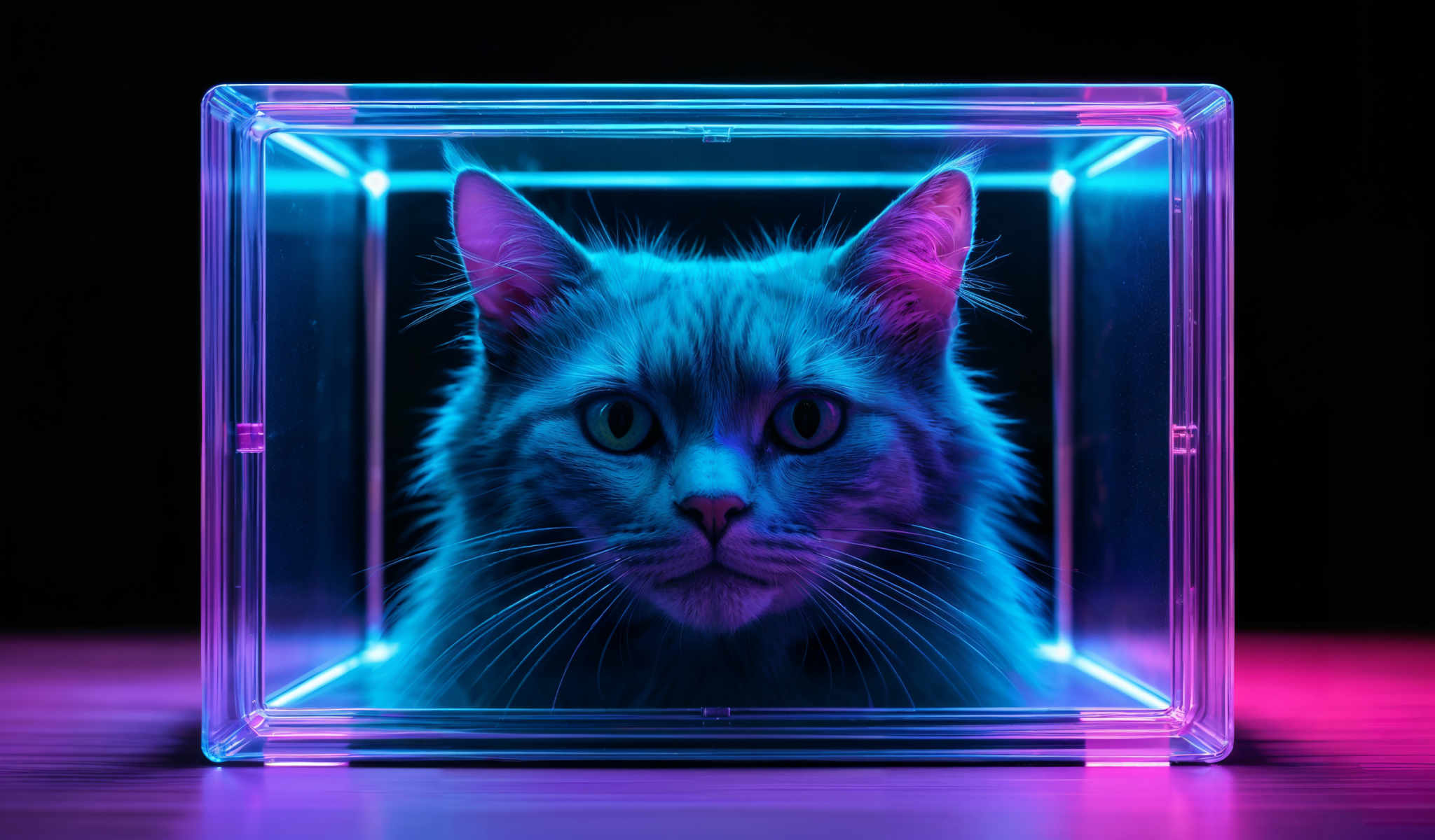 A blue cat with a pink glow around it.