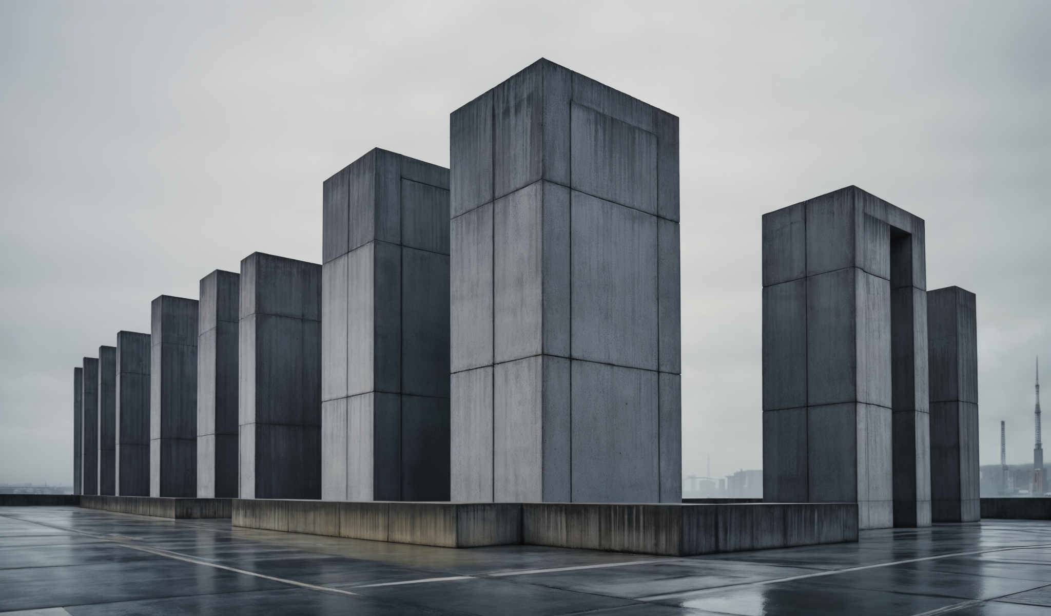 A series of tall gray concrete pillars stand in a parking lot.