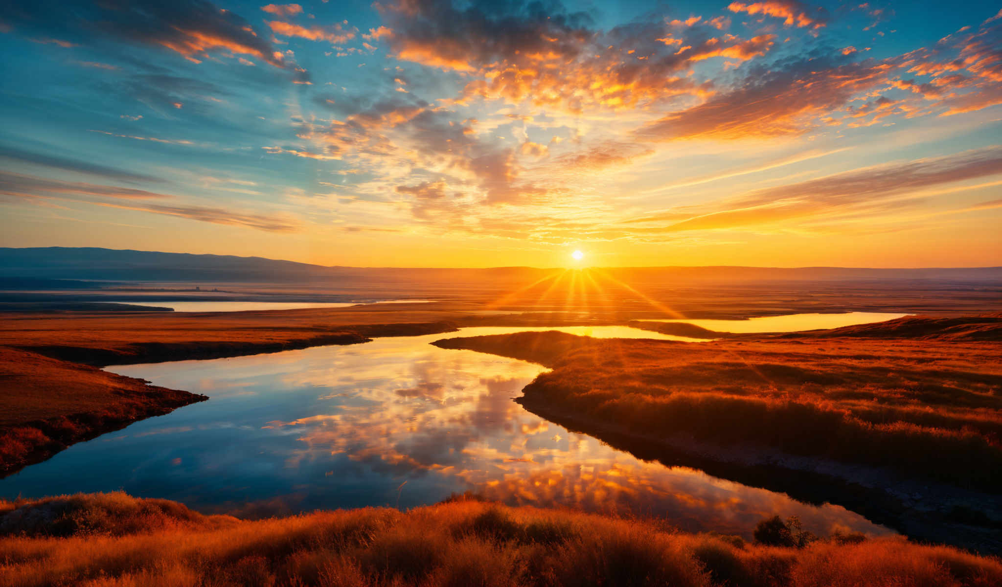 A sunset over a body of water with a reflection of the sun on the water.