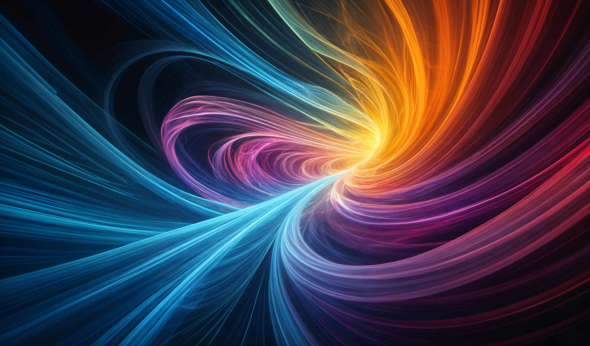 A colorful abstract image with blue purple orange and yellow lines swirling together.