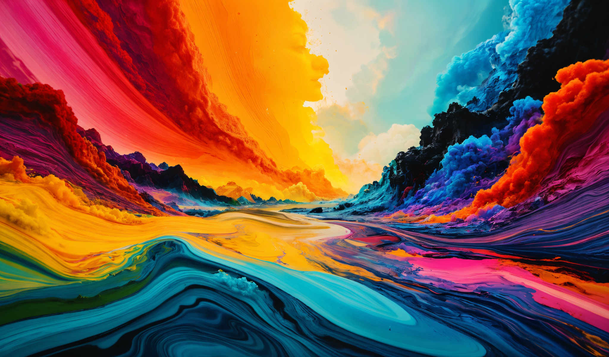 A vibrant abstract painting with a rainbow gradient in the background. The foreground is filled with swirling shapes in shades of blue purple and orange. The painting is a beautiful representation of the artist's creativity and skill.