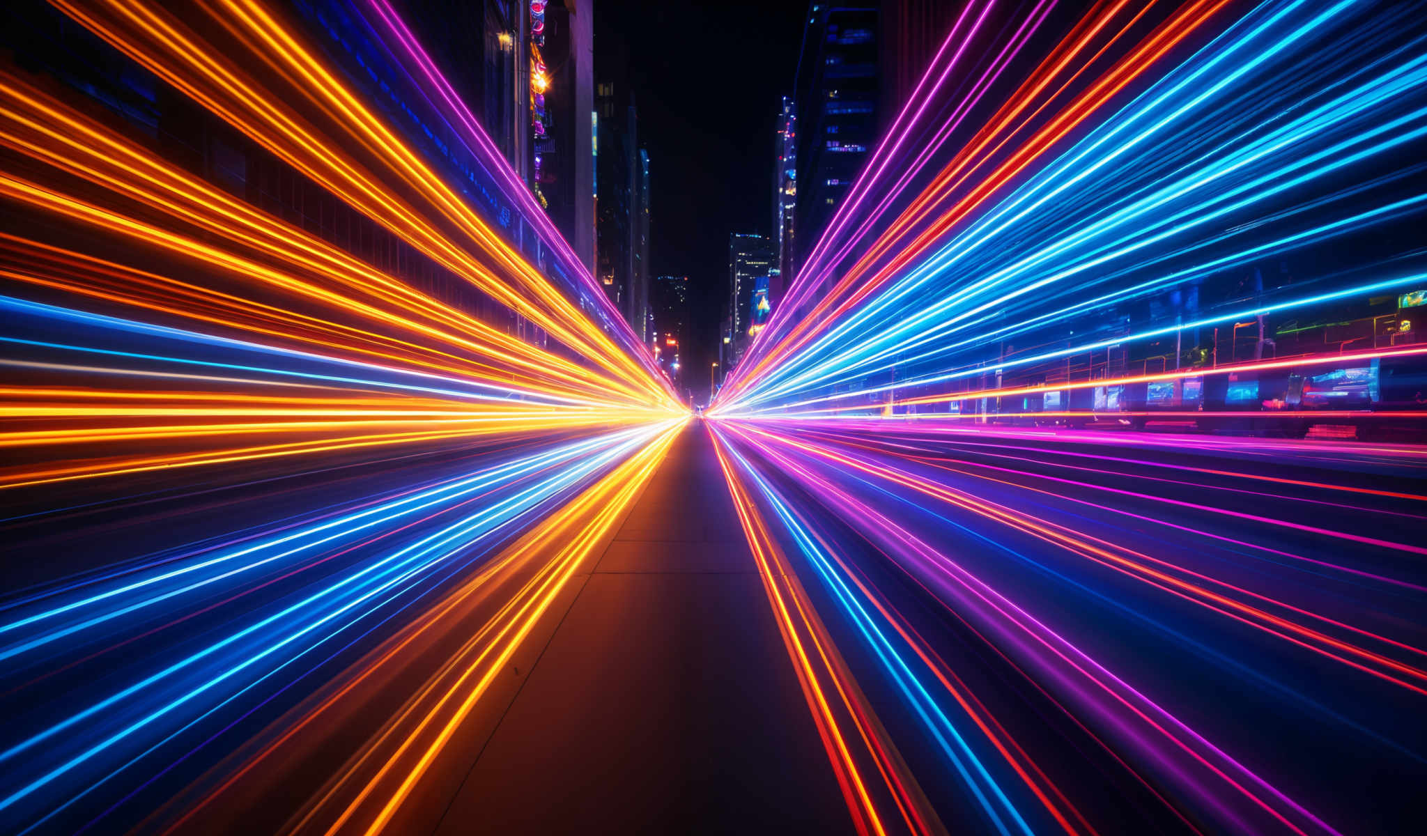 A long narrow street with bright lights and streaks of light.