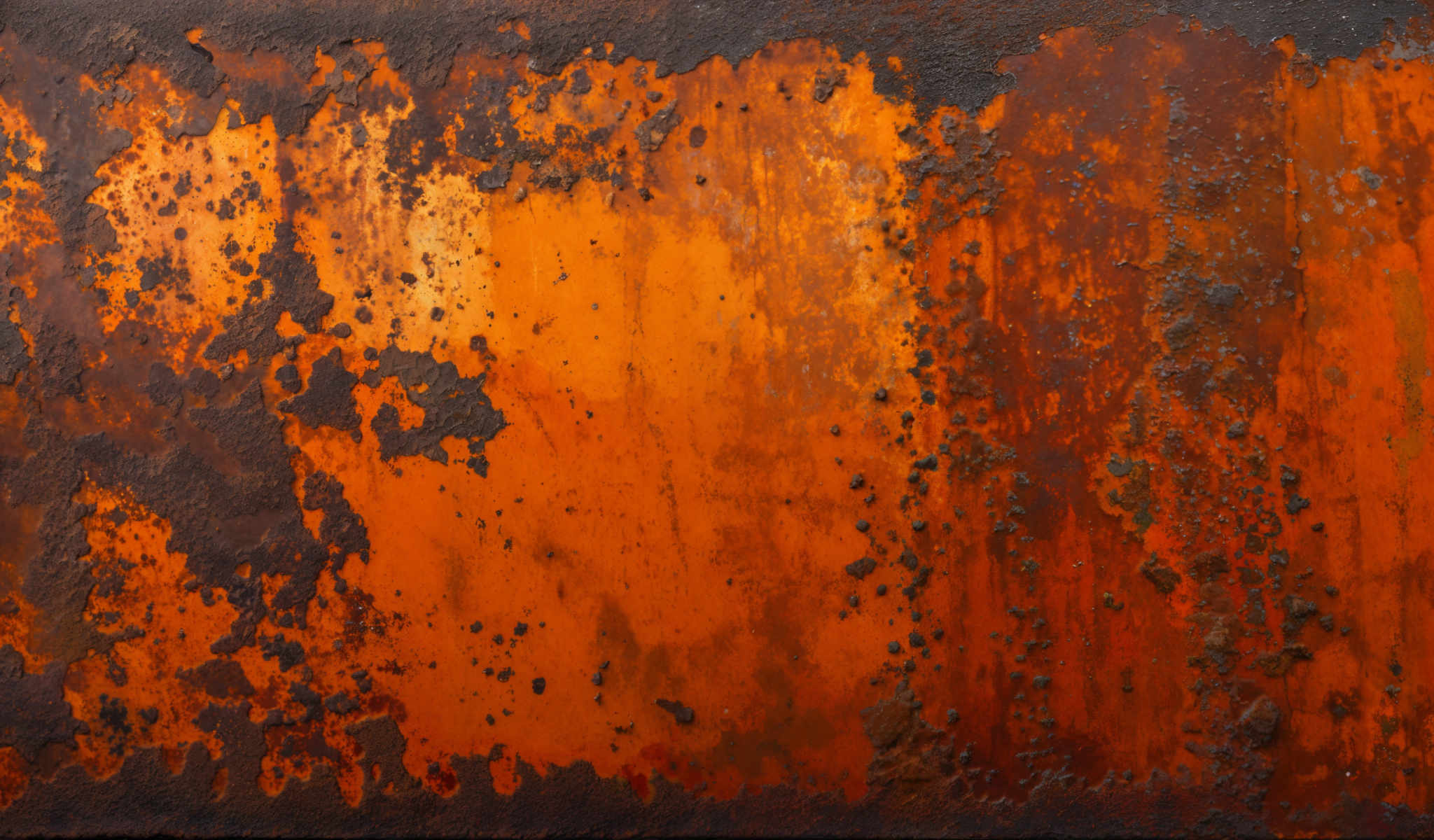 A close up of a rusted metal surface. The rust is orange and black with some areas appearing more orange than others. The surface is covered in small holes and cracks giving it a weathered appearance. The image is taken from a straight-on angle allowing for a clear view of the rust and its texture. The background is not visible focusing the viewer's attention solely on the rusted surface.