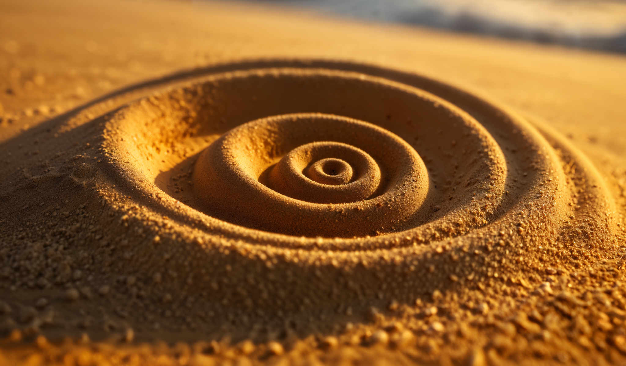 A spiral design made of sand on a beach.