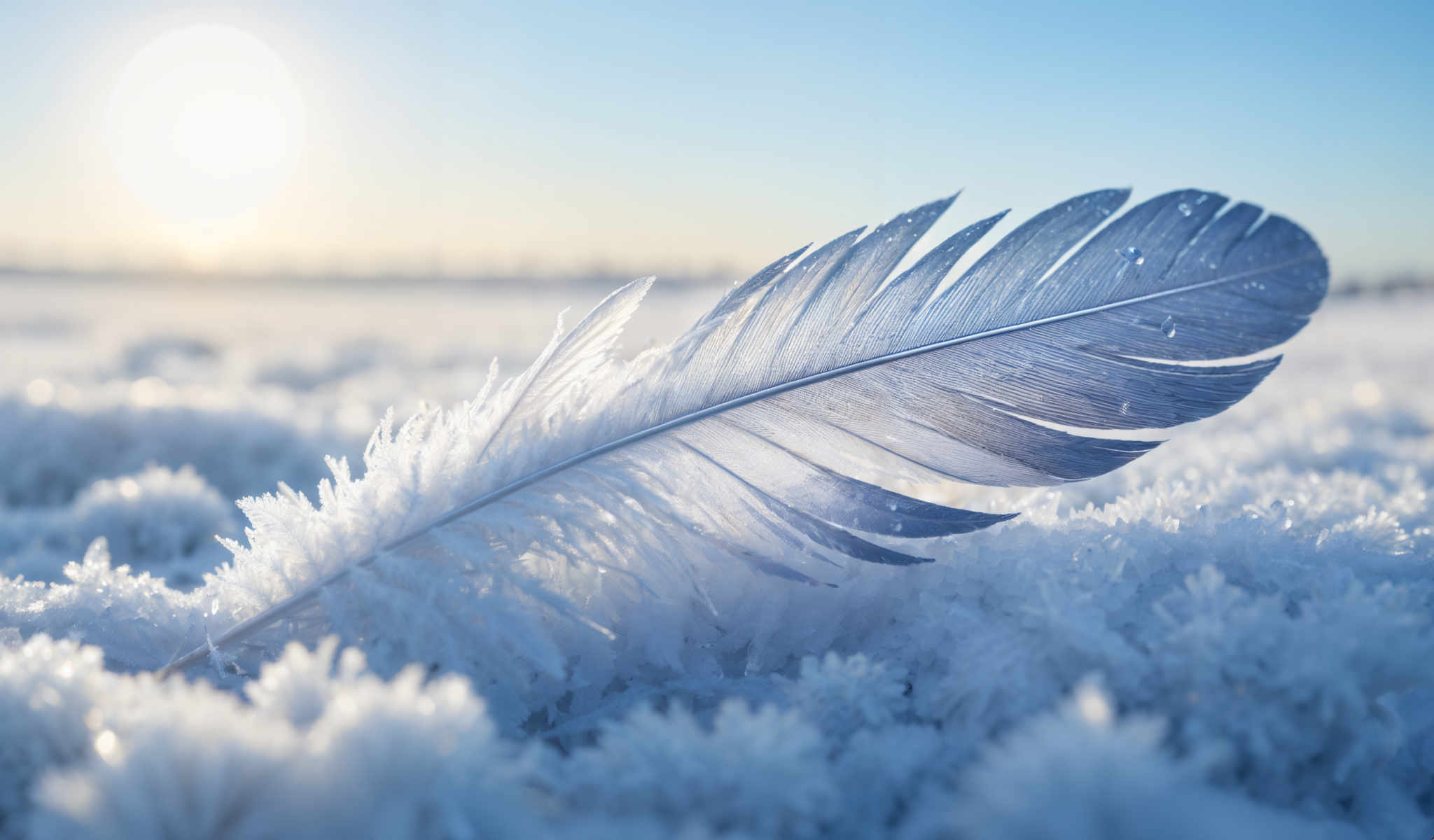 A feather with a blue background and white snow on it.