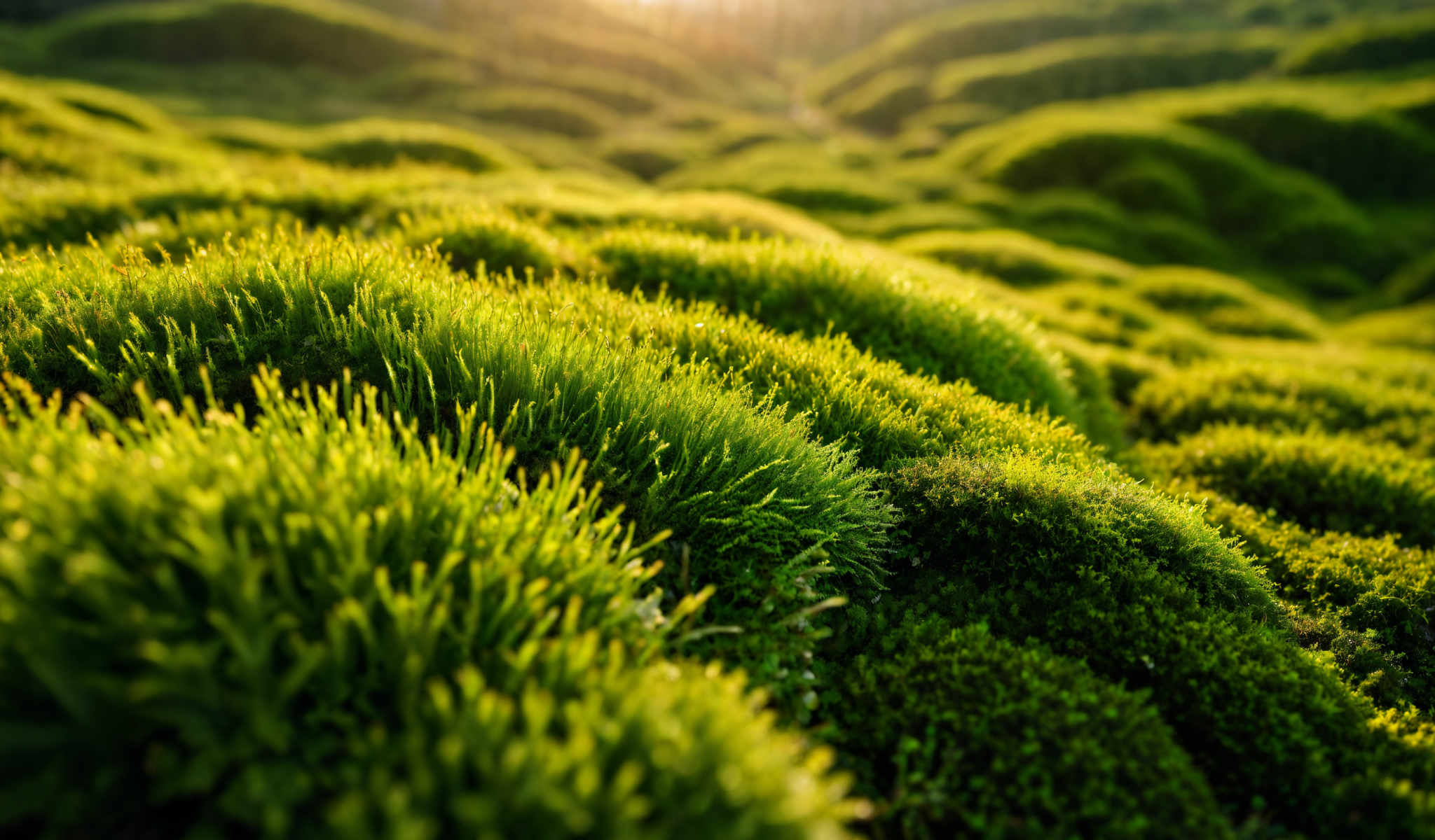 A close up of a field of green grass with a few yellow flowers.