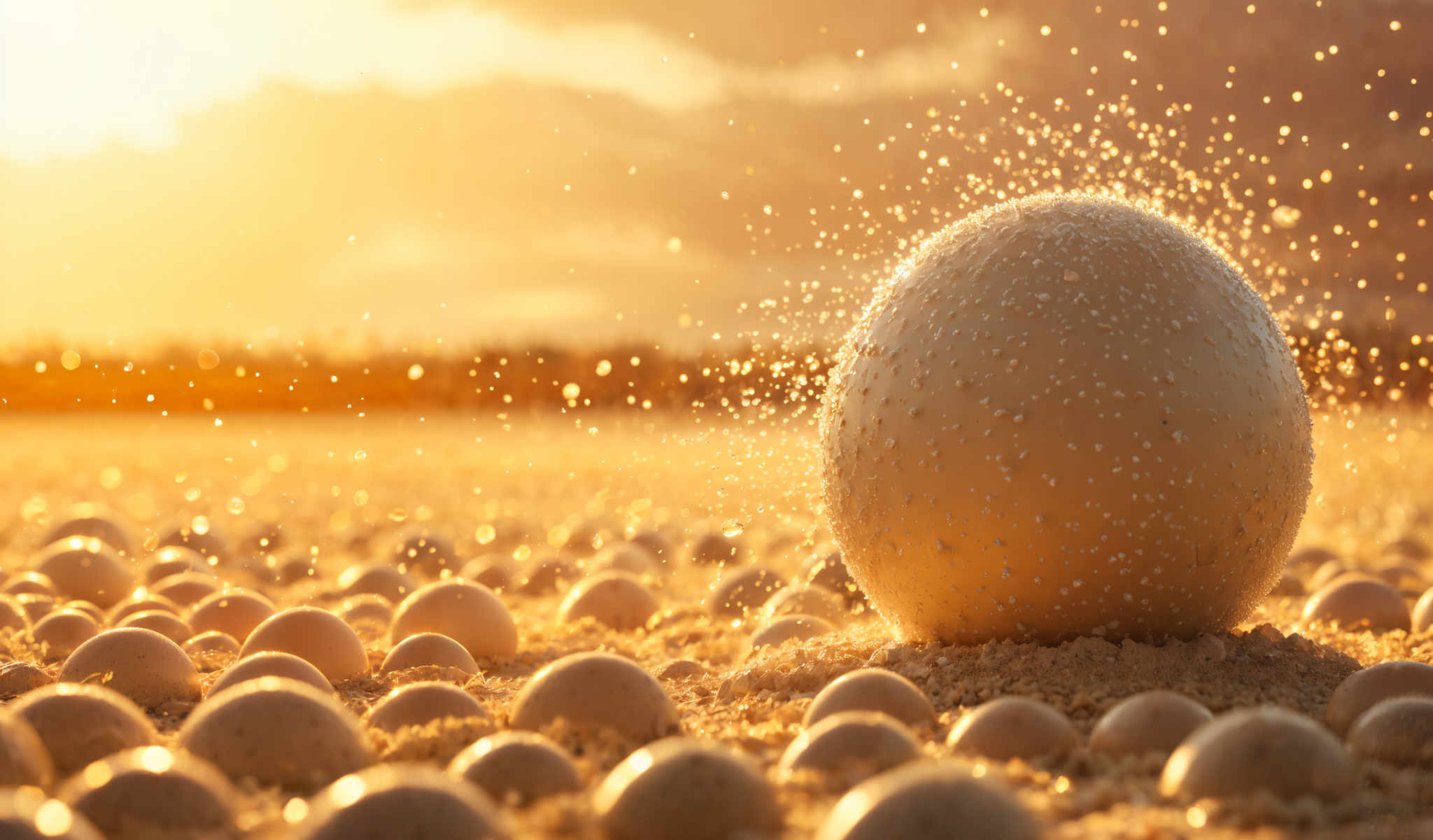 A group of white eggs on a sandy beach.