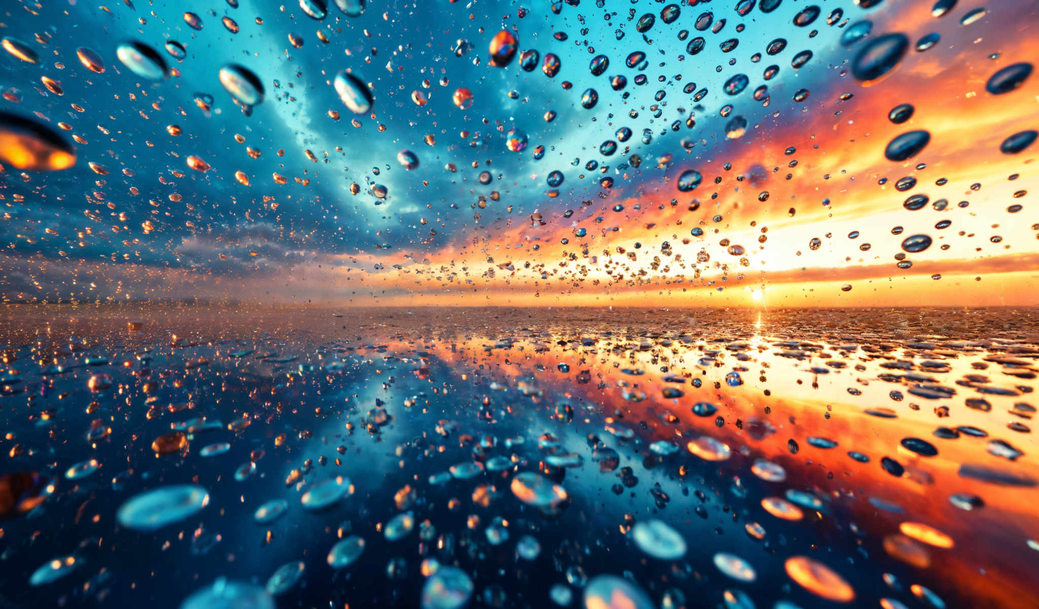 A close up of a body of water with a sunset in the background. The water is filled with small bubbles and the sky is painted with hues of orange and blue. The bubbles are scattered throughout the water creating a sense of depth and movement. The sunset in background adds a warm and serene atmosphere to the scene. The image captures the beauty of nature and the tranquility of the water.