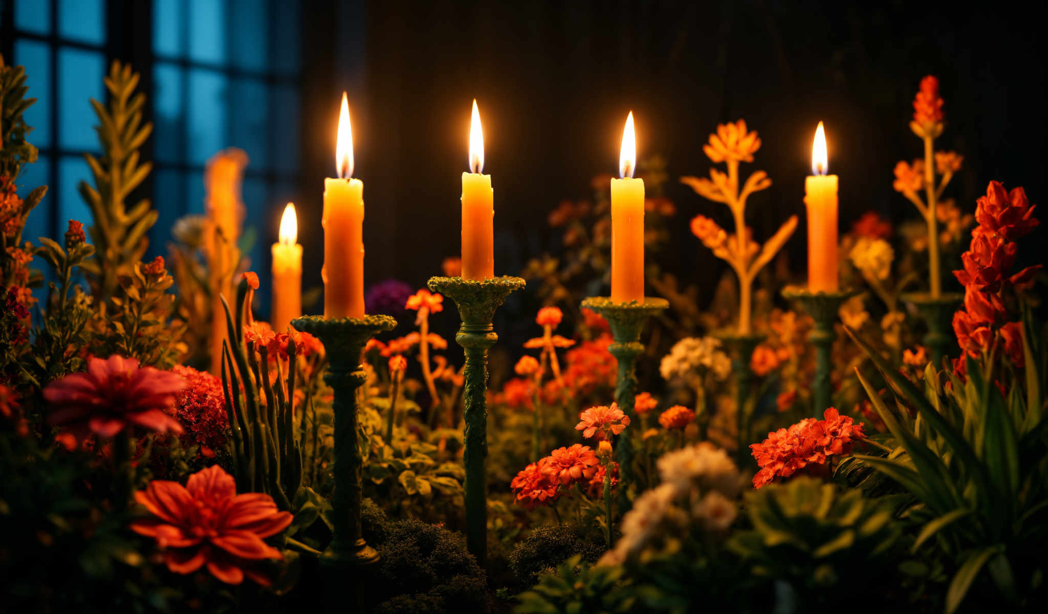 A group of candles in a garden setting.