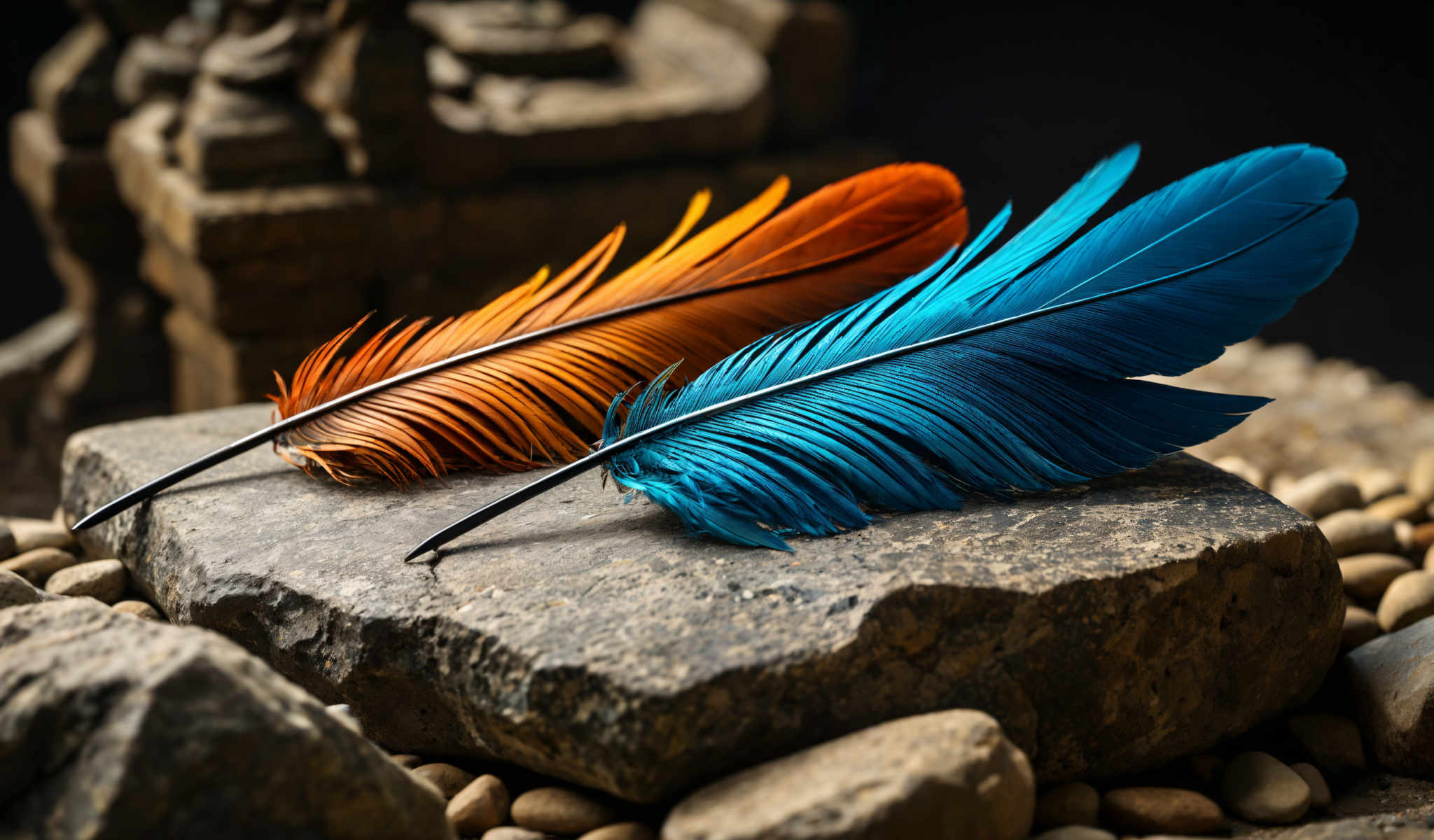 The image shows a collection of feathers in various colors including orange blue and yellow. The feathers are arranged on a rock surface creating a vibrant and colorful display.