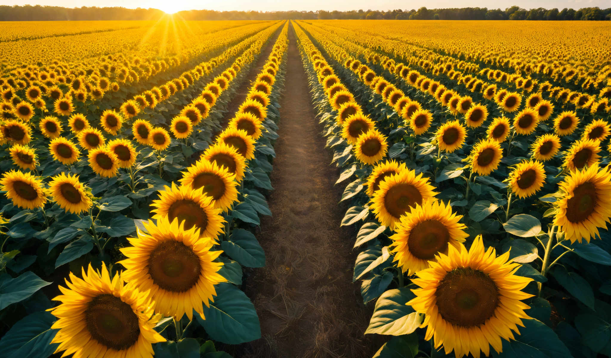 A field of sunflowers with a path in the middle.