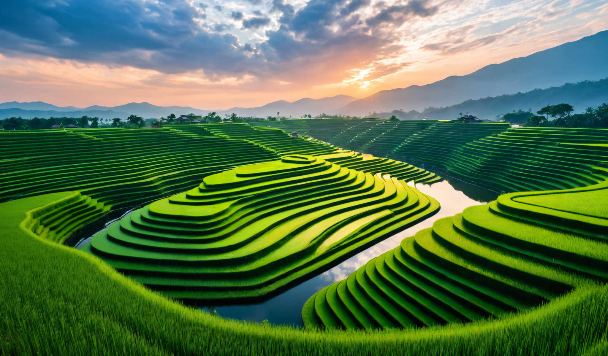 A beautiful view of a river with green grass on the banks. The river is surrounded by mountains and the sky is blue with clouds. The grass is in rows and the river is in the middle. The mountains are in the background. The sky is clear and blue with white clouds.