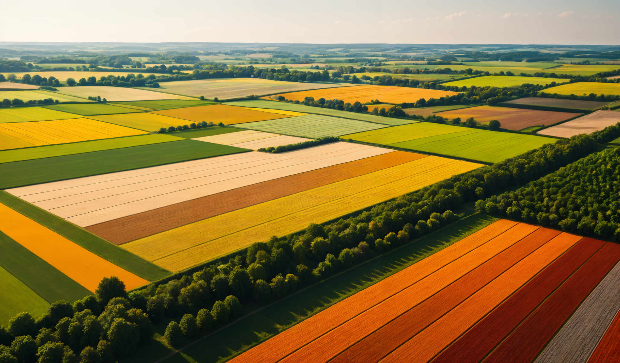 A vibrant colorful farm with a variety of crops. The farm is divided into sections each with a different color. The colors include yellow orange green and brown. The crops are arranged in a grid-like pattern creating a visually pleasing and organized appearance. The image is taken from an aerial perspective providing a bird's eye view of the farm. The sky above the farm is a clear blue and the horizon is visible in the distance. The overall scene is a testament to the beauty and diversity of nature.