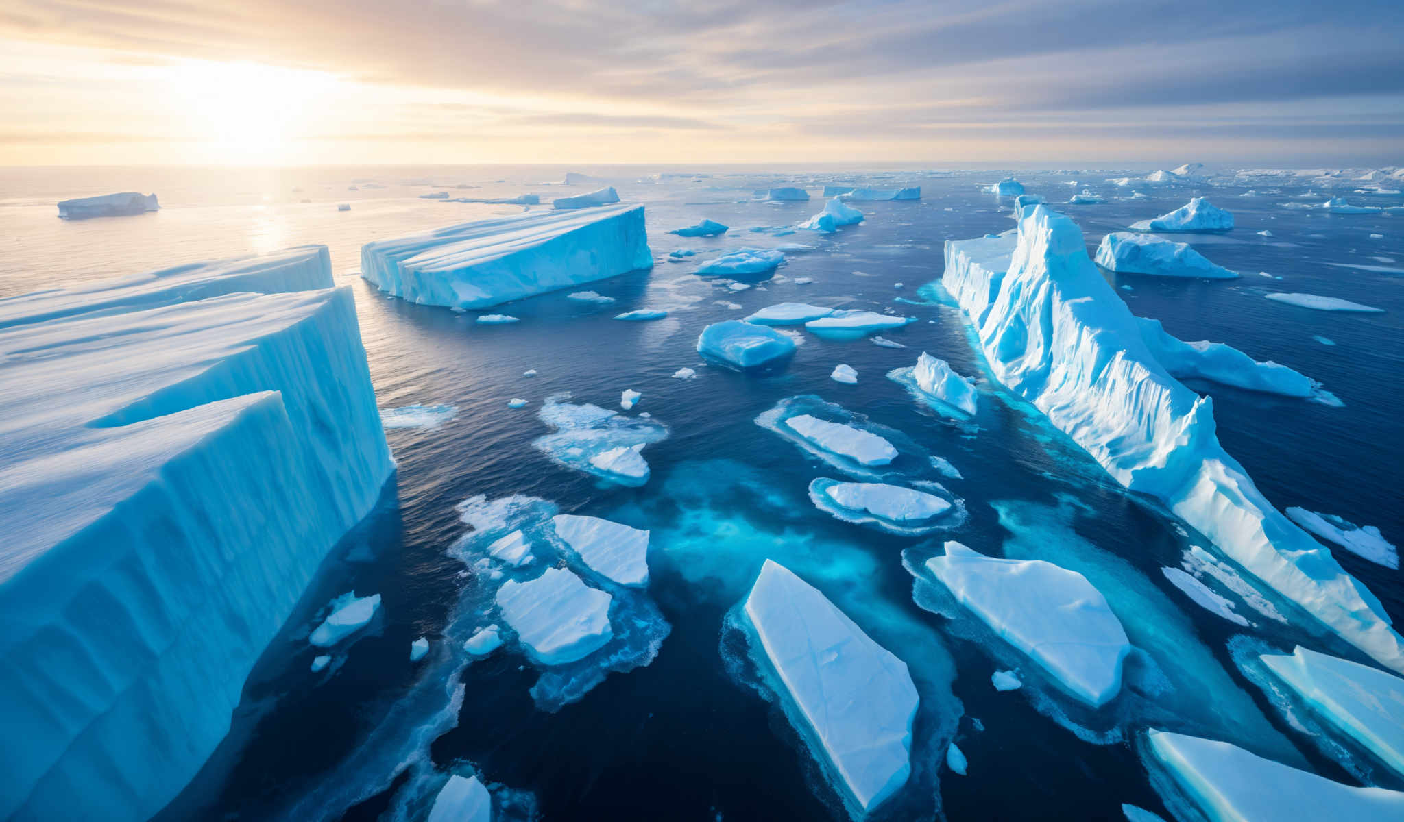 A breathtaking view of the Arctic Ocean filled with icebergs and ice floes. The iceberges are a mix of white and blue with some areas of the ice appearing more blue than others. The sky above is a beautiful shade of blue dotted with a few clouds. The sun is shining brightly casting a warm glow on the scene. The image captures the raw beauty and majesty of the polar region.