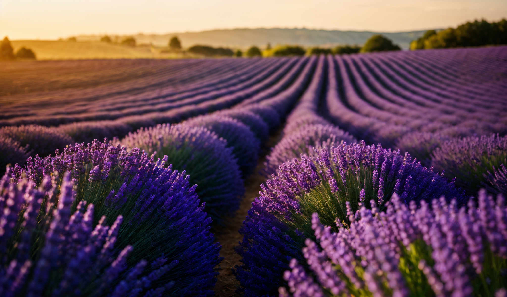 A field of lavender flowers with purple and green hues.