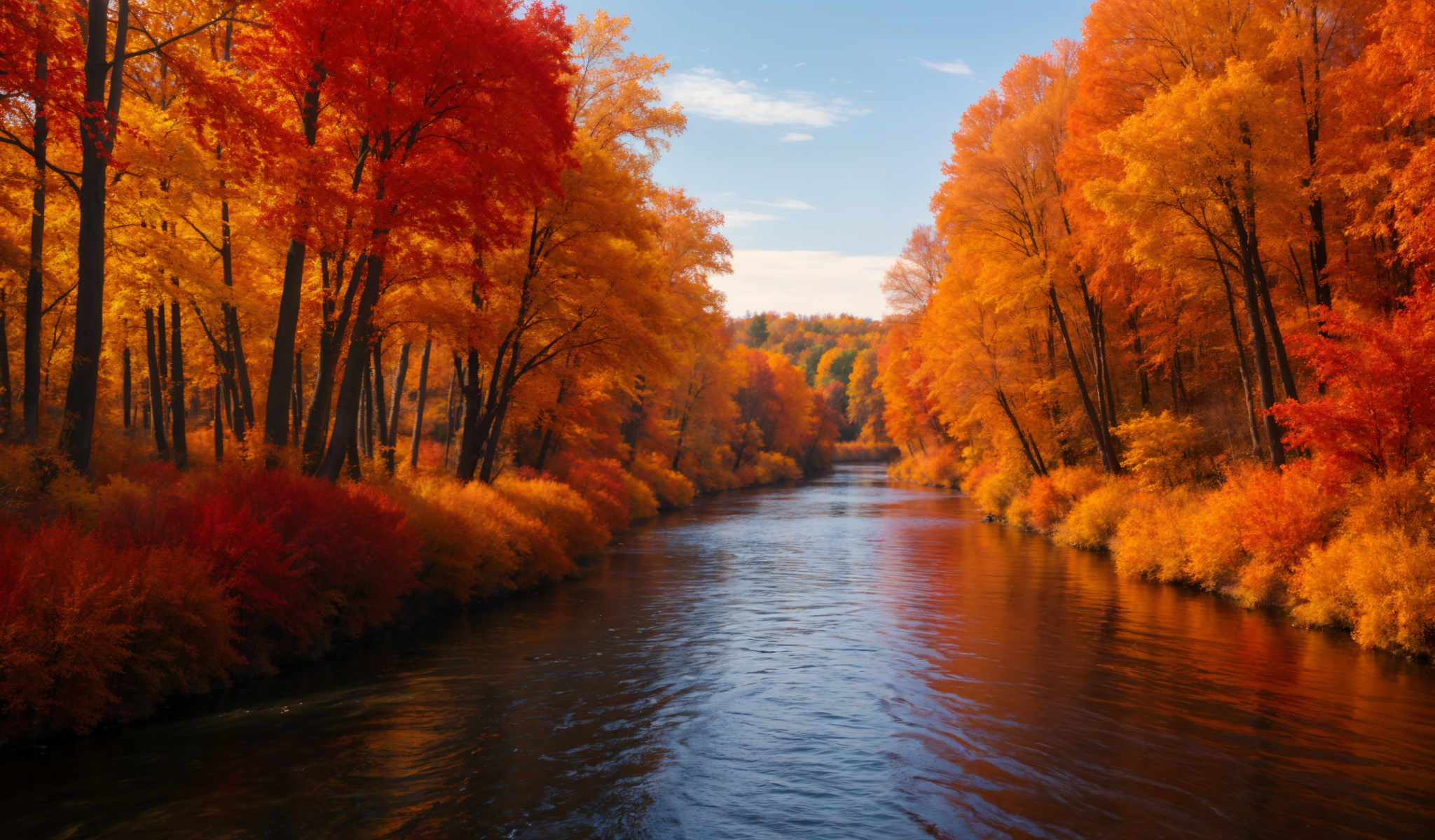 A serene autumn scene with a river flowing through a forest of trees with orange and yellow leaves. The river reflecting the colors of the trees is the main focus of the photo. The trees standing tall on both sides of the river create a natural corridor that guides the viewer's eye towards the horizon. The sky above is a clear blue adding a calming contrast to the warm hues of the leaves. This image captures the beauty and tranquility of nature in autumn.